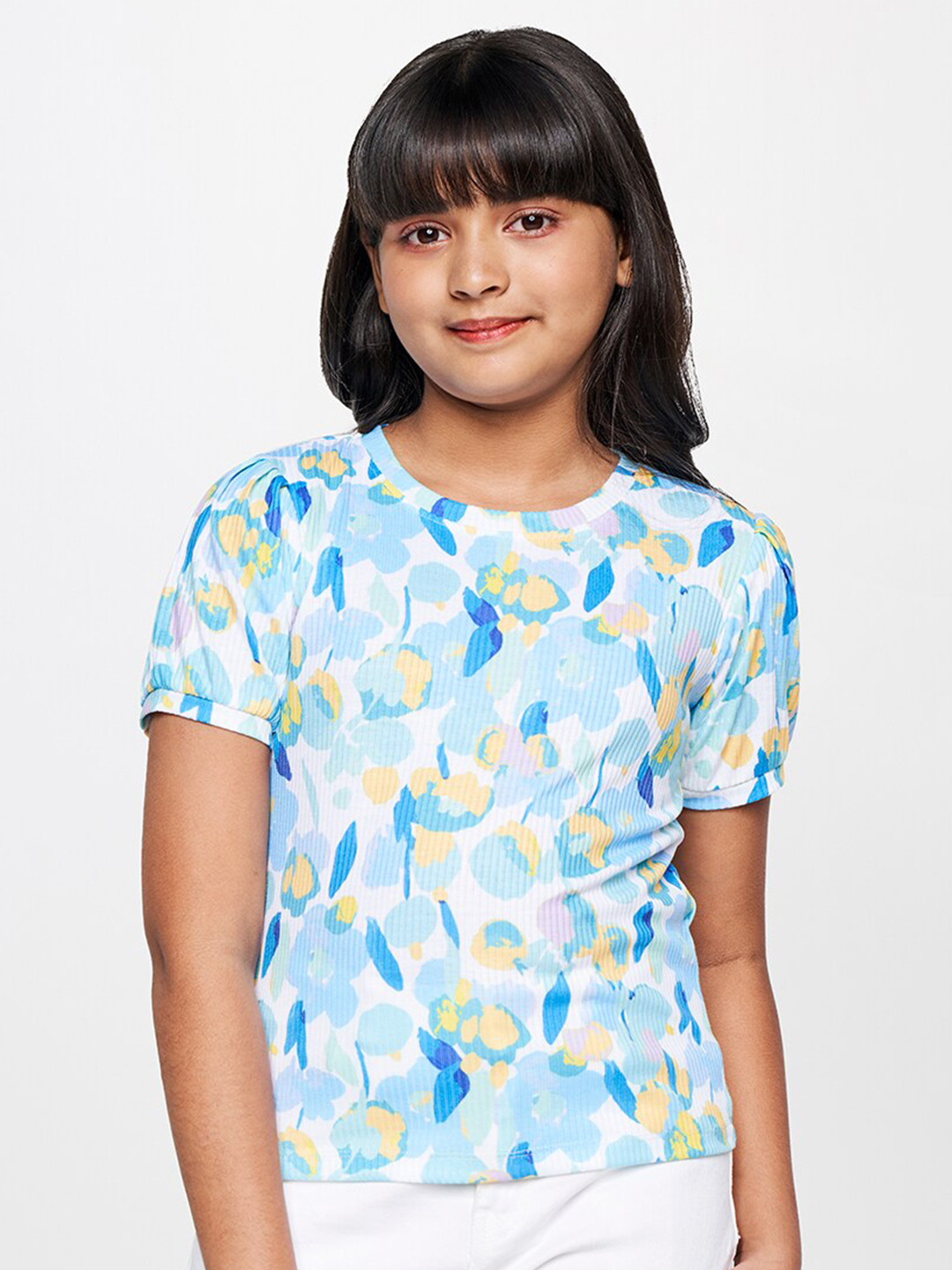 

AND Girls Floral Printed Puff Sleeves Top, Blue