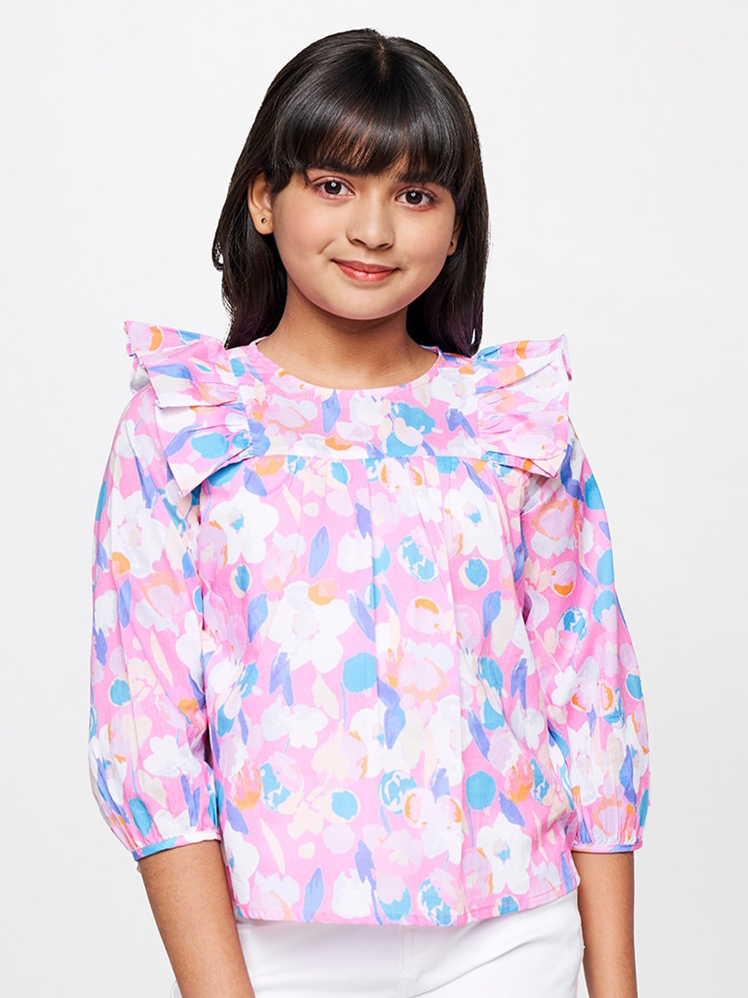 

AND Girls Floral Printed Pure Cotton Blouson Top, Pink