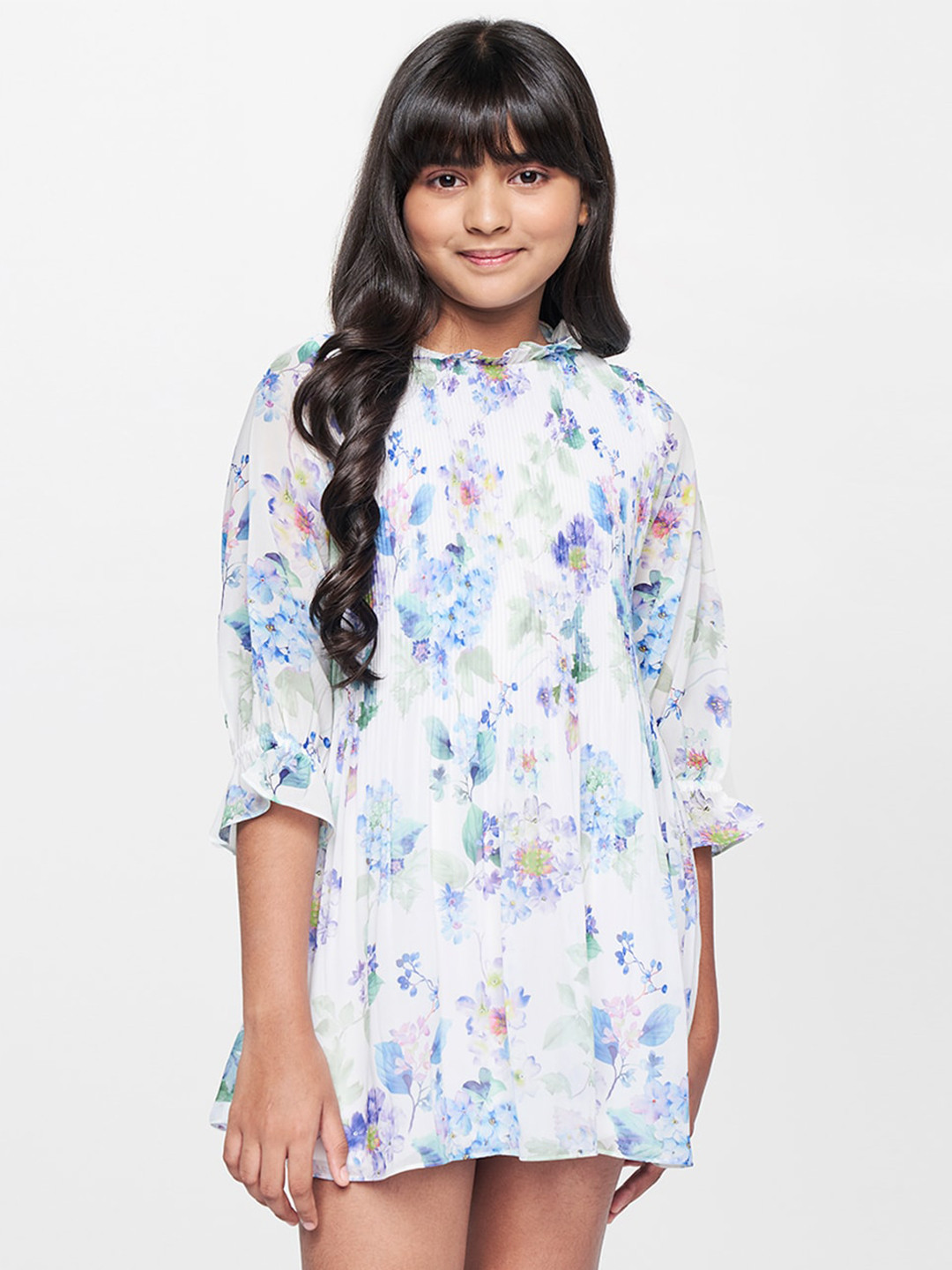 

AND Girls Floral Printed Round Neck Puff Sleeve Accordion Pleated A-Line Dress, White