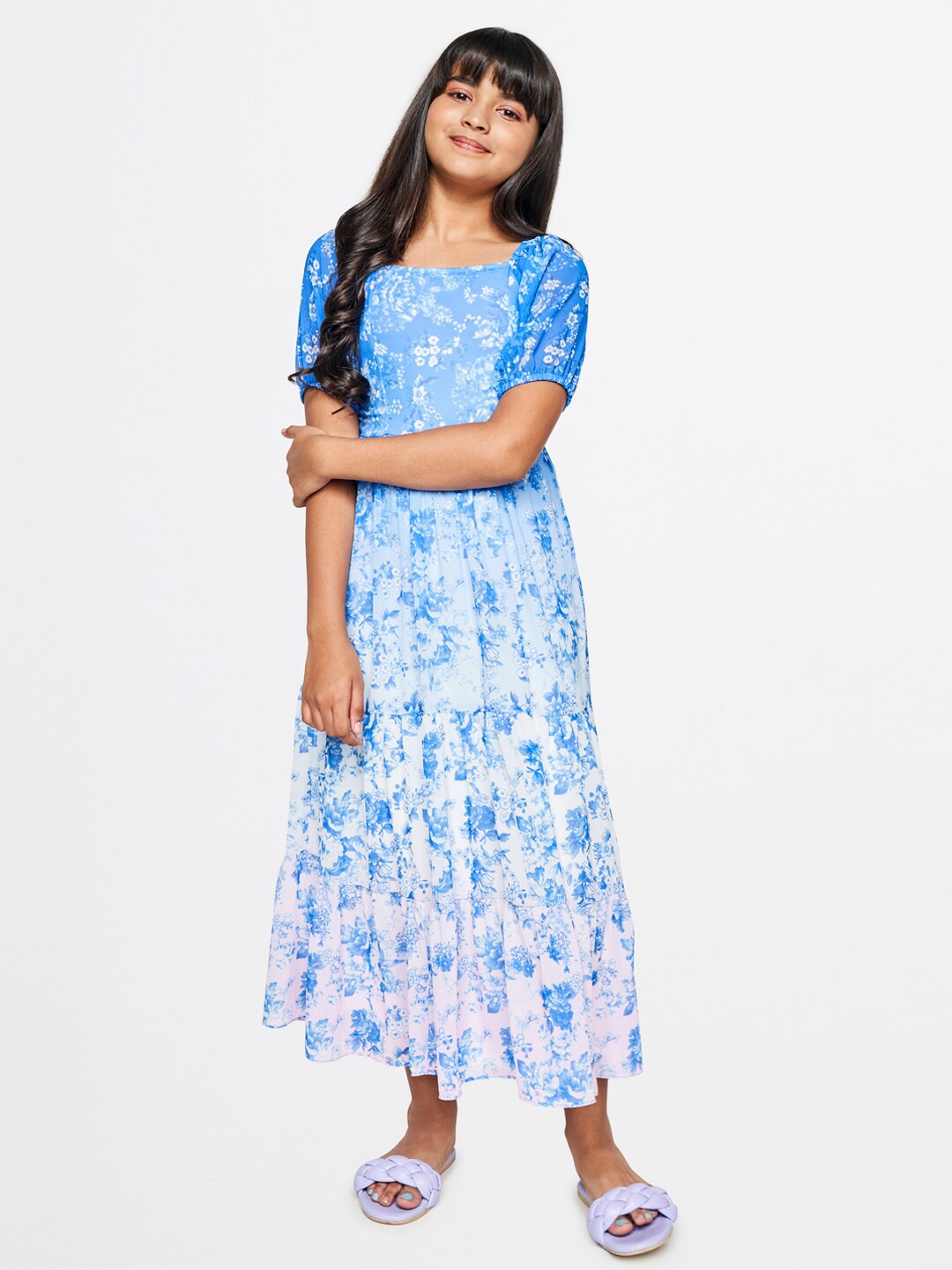 

AND Girls Floral Printed Round Neck Puff Sleeve Gathered Tiered Maxi Dress, Blue