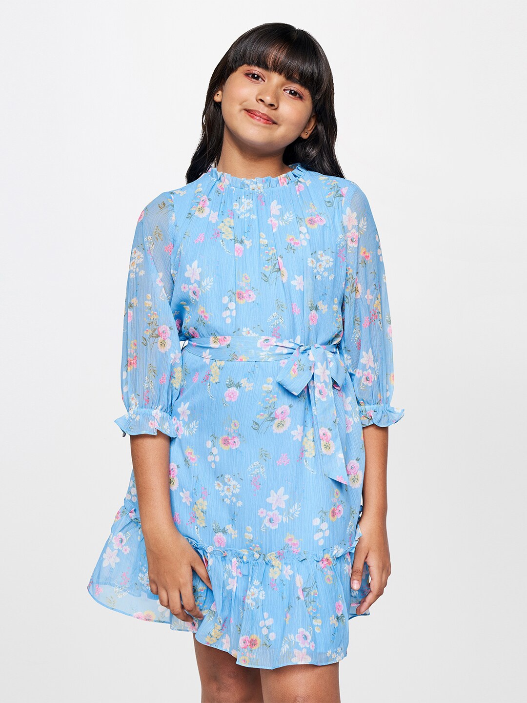 

AND Girls Floral Printed Round Neck Puff Sleeve Gathered Tiered A-Line Dress, Blue