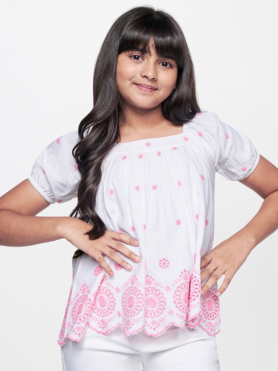 

AND Girls Floral Printed Puff Sleeves Cotton Top, White