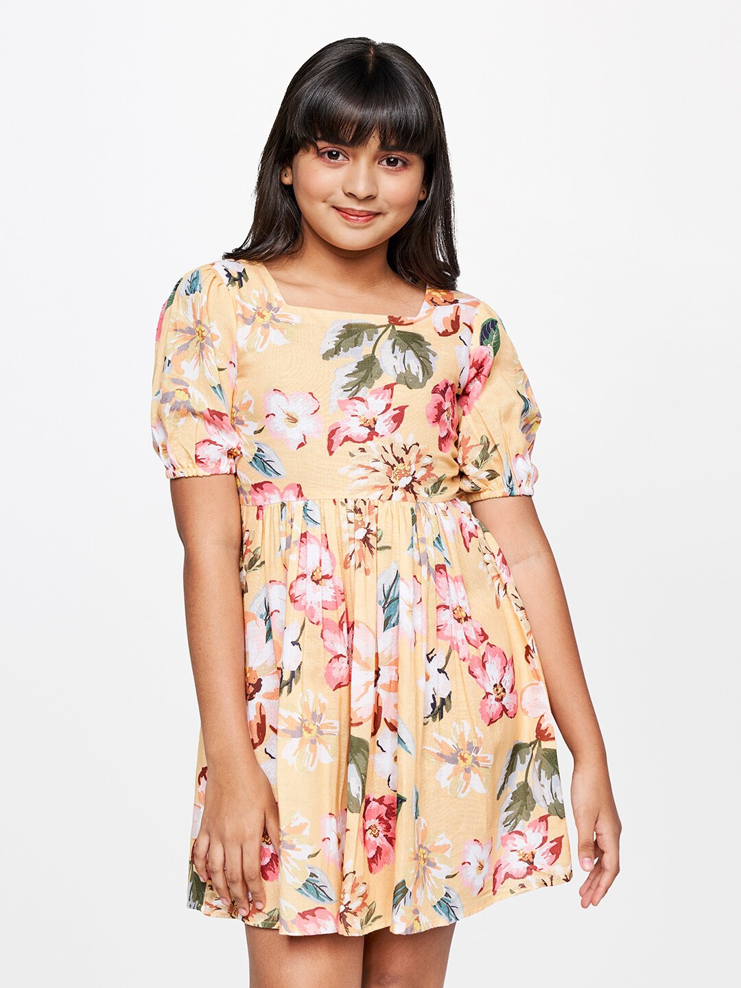 

AND Girls Floral Printed Square Neck Puff Sleeve Gathered Fit & Flare Dress, Yellow