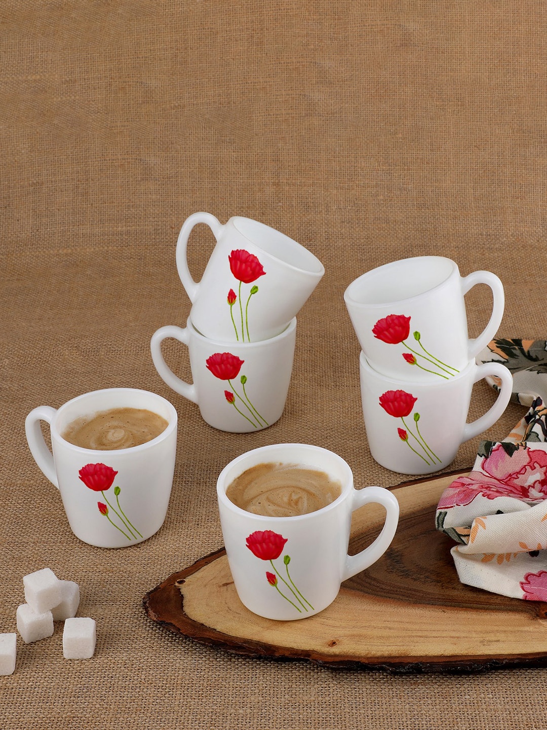 

Cello Ricca 6 Pcs White & Red Floral Printed Opalware Tea Cups
