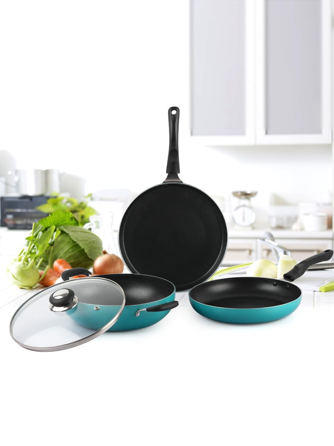 

Cello Green 3 Pieces Non Stick Dosa Tawa, Fry Pan & Kadhai With Glass Lid