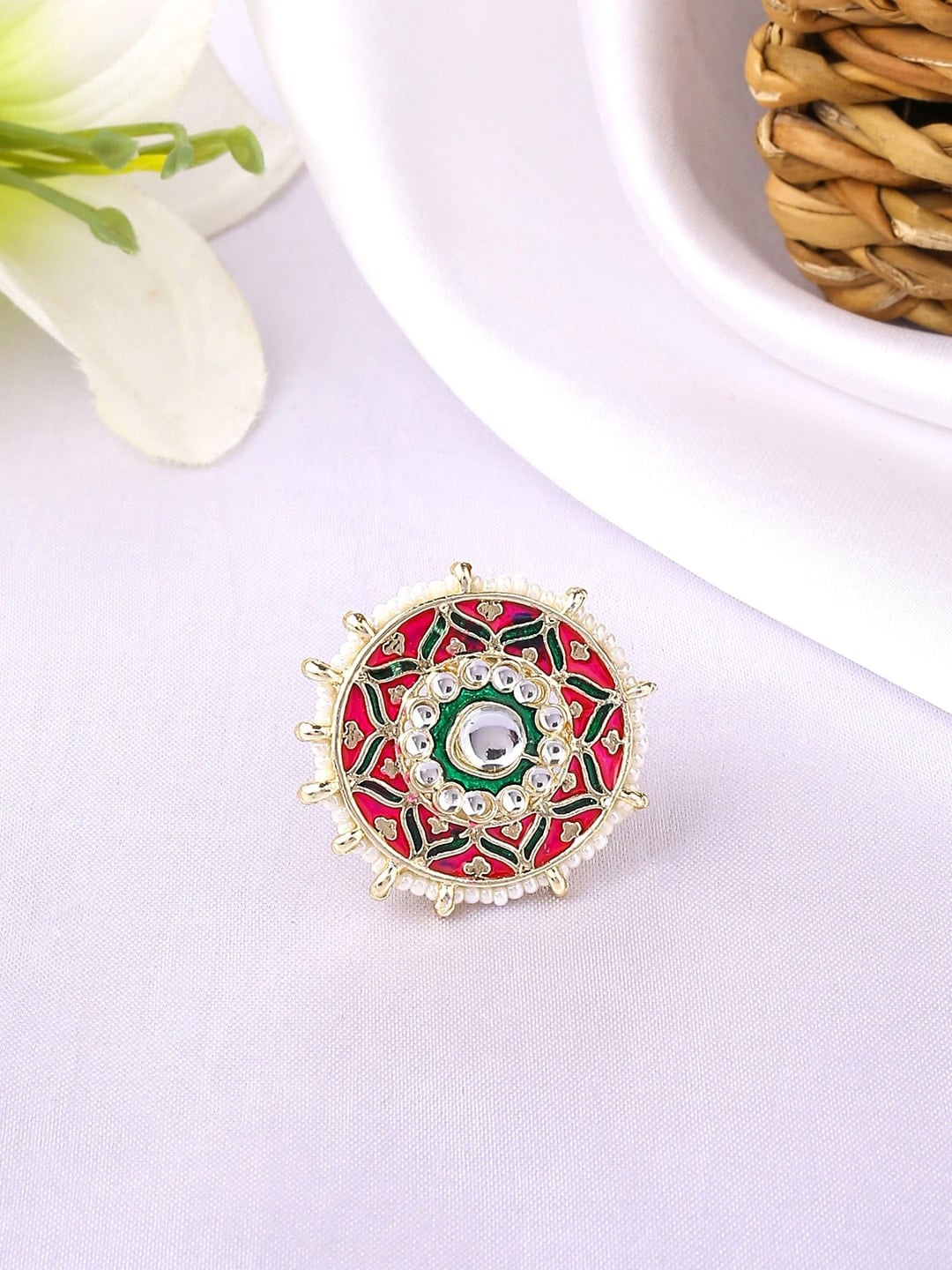 

Anouk Gold-Plated Stone-Studded Meenakari Adjustable Finger Ring