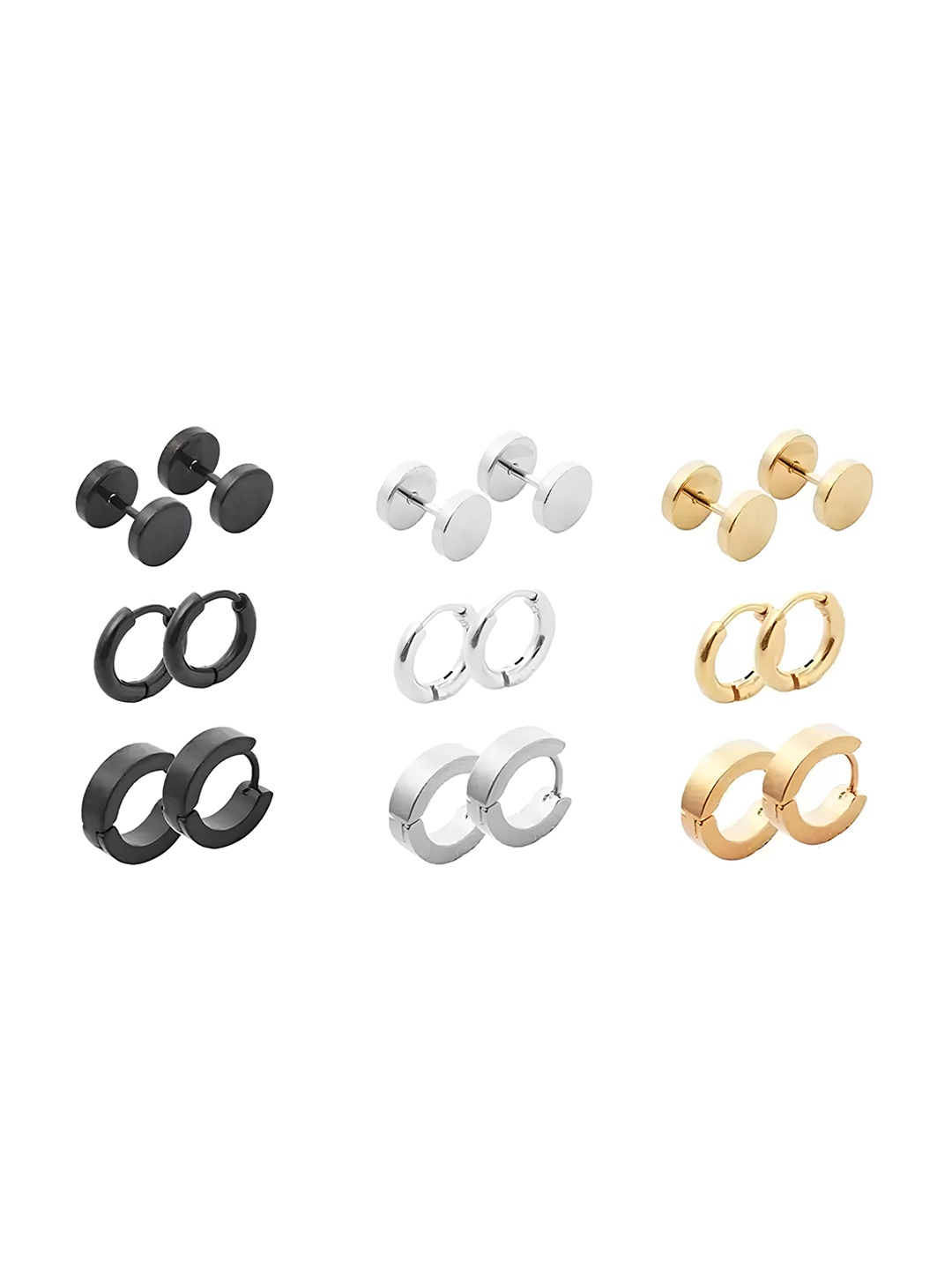 

KARISHMA KREATIONS Unisex Set Of 9 Stainless Steel Circular Shaped Studs &Hoop Earrings, Gold