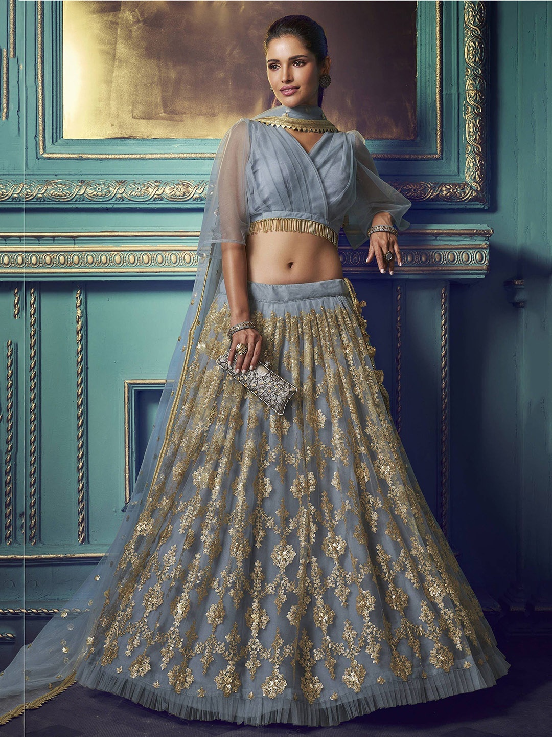 

FABPIXEL Embroidered Sequinned Semi-Stitched Lehenga & Unstitched Blouse With Dupatta, Grey