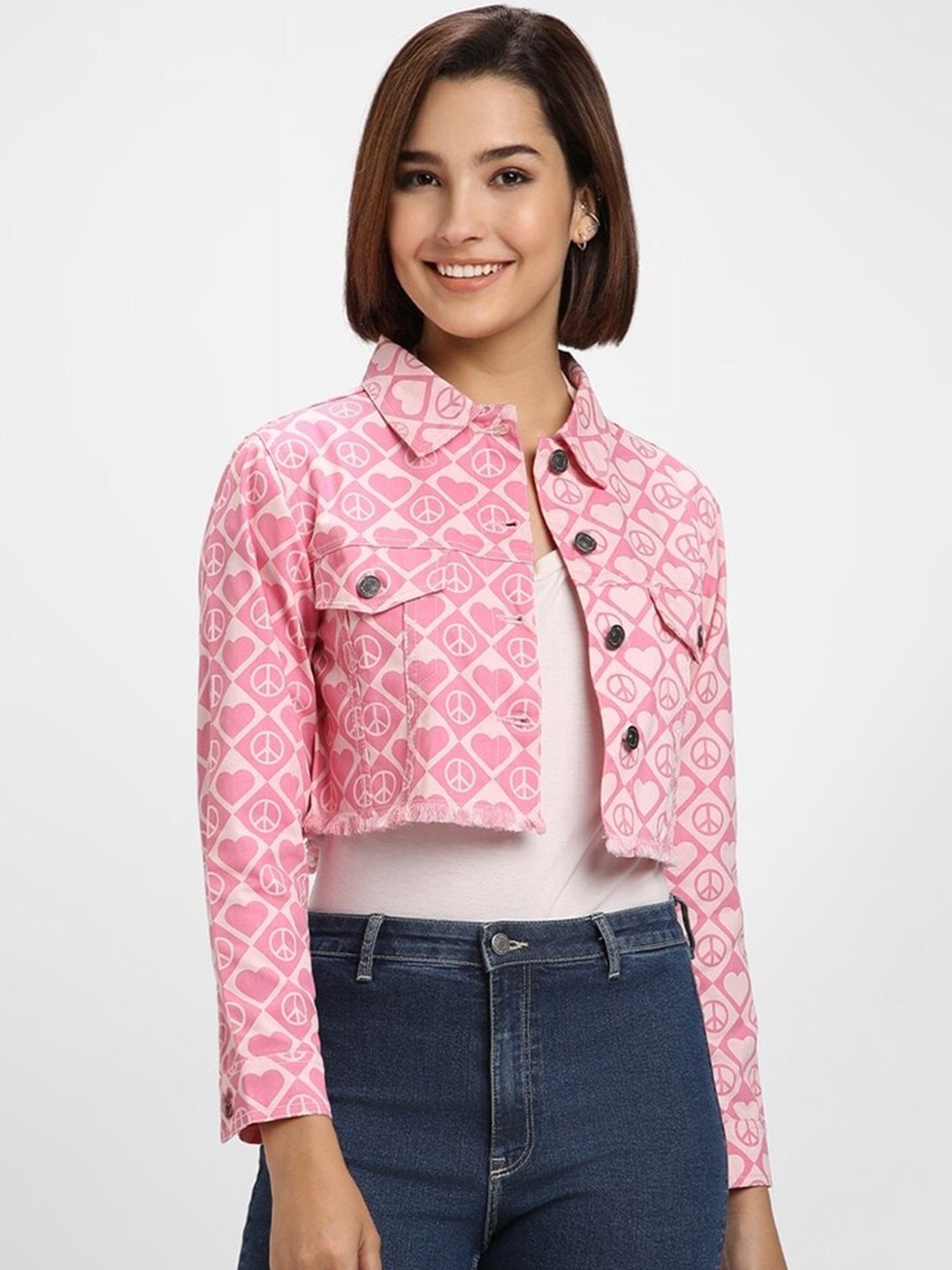 

FOREVER 21 Printed Spread Collar Pure Cotton Crop Tailored Jacket, Pink