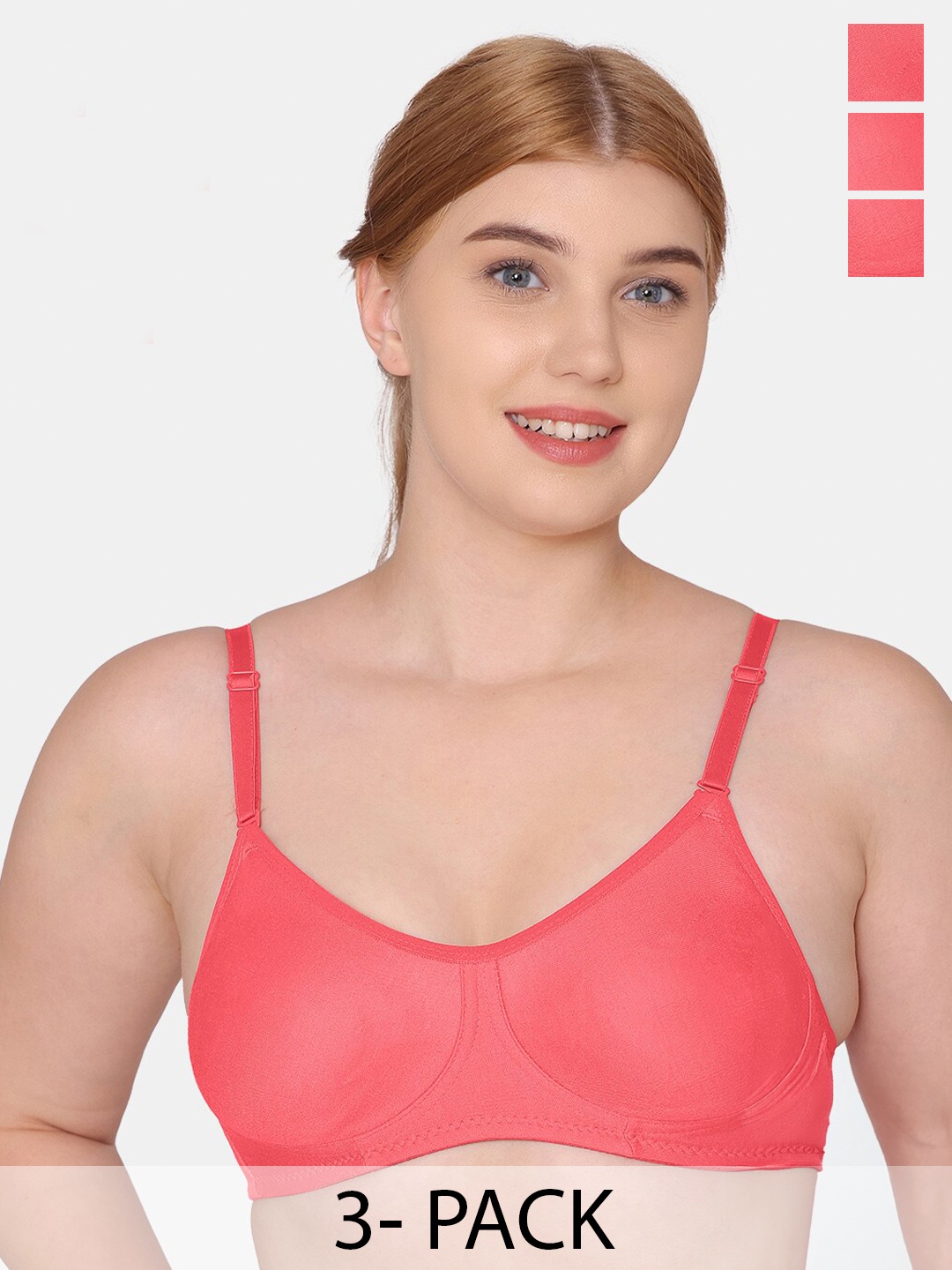 

KOMLI Pack Of 3 Seamless Full Coverage Pure Cotton T-shirt Bra With All Day Comfort, Coral