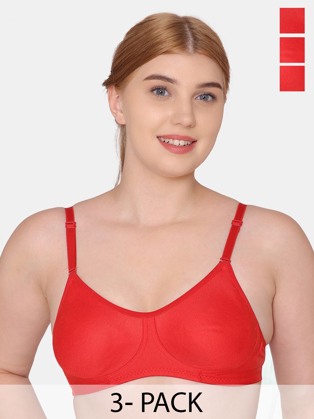 

KOMLI Pack Of 3 Seamless Full Coverage Pure Cotton T-shirt Bra With All Day Comfort, Red