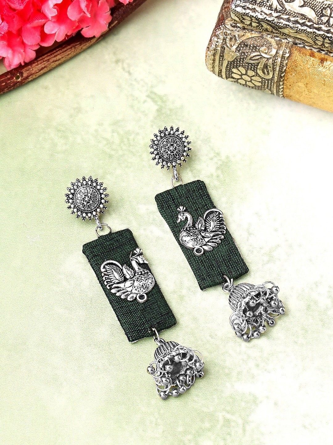 

Sangria Oxidised Peacock Design Fabric Dangler Jhumka Earrings, Green