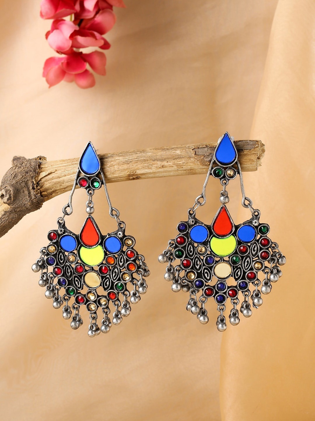 

Sangria Silver-Plated Oxidised Artificial Stone-Studded Chandbalis