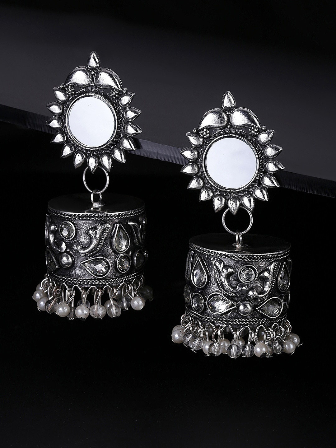

Sangria Oxidised Mirror Worked Dome-Shaped Jhumkas Earrings, Silver