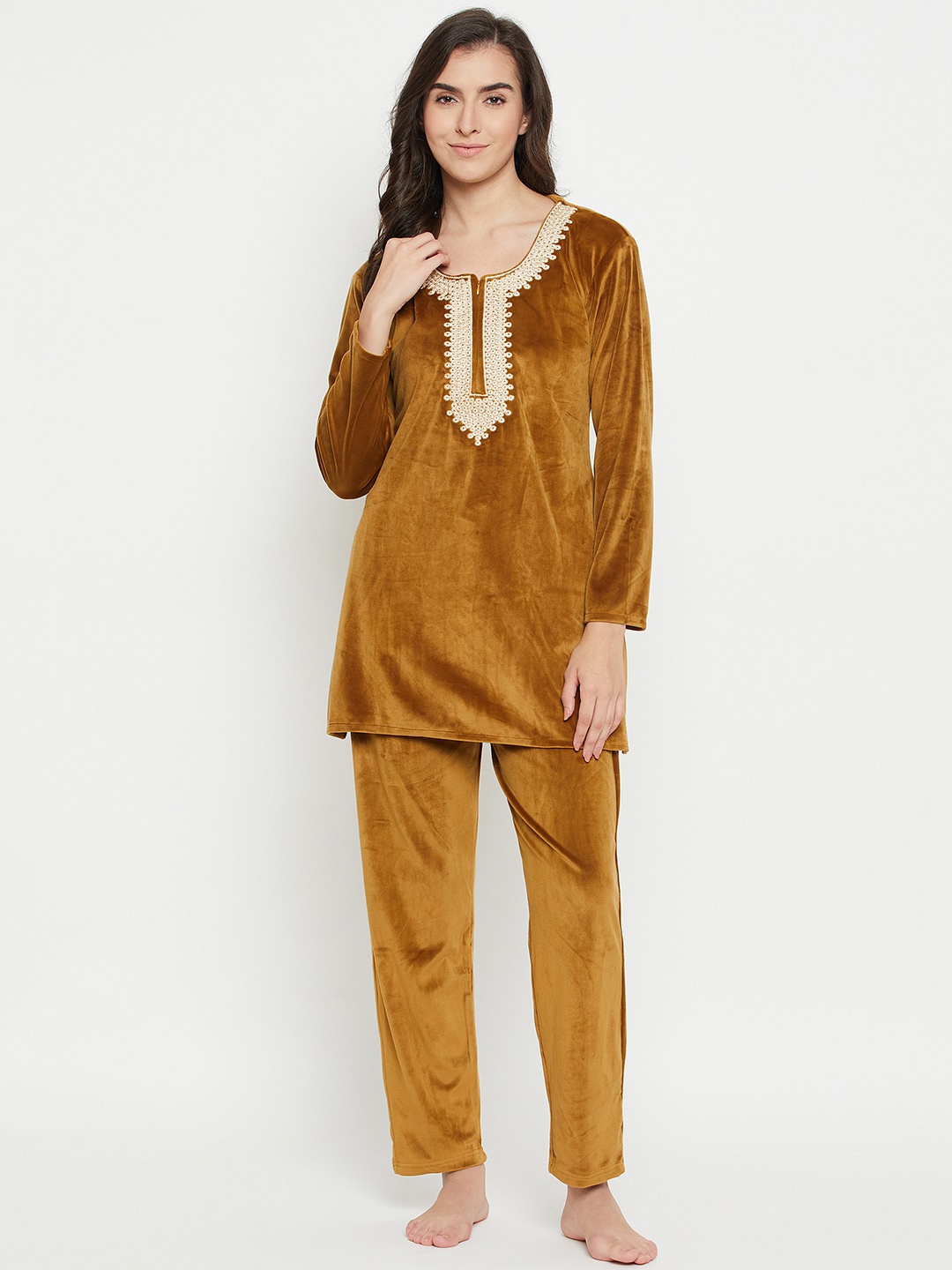 

Camey Floral Embroidered Round Neck Long Sleeves Velvet Kurti & Pyjamas, Mustard
