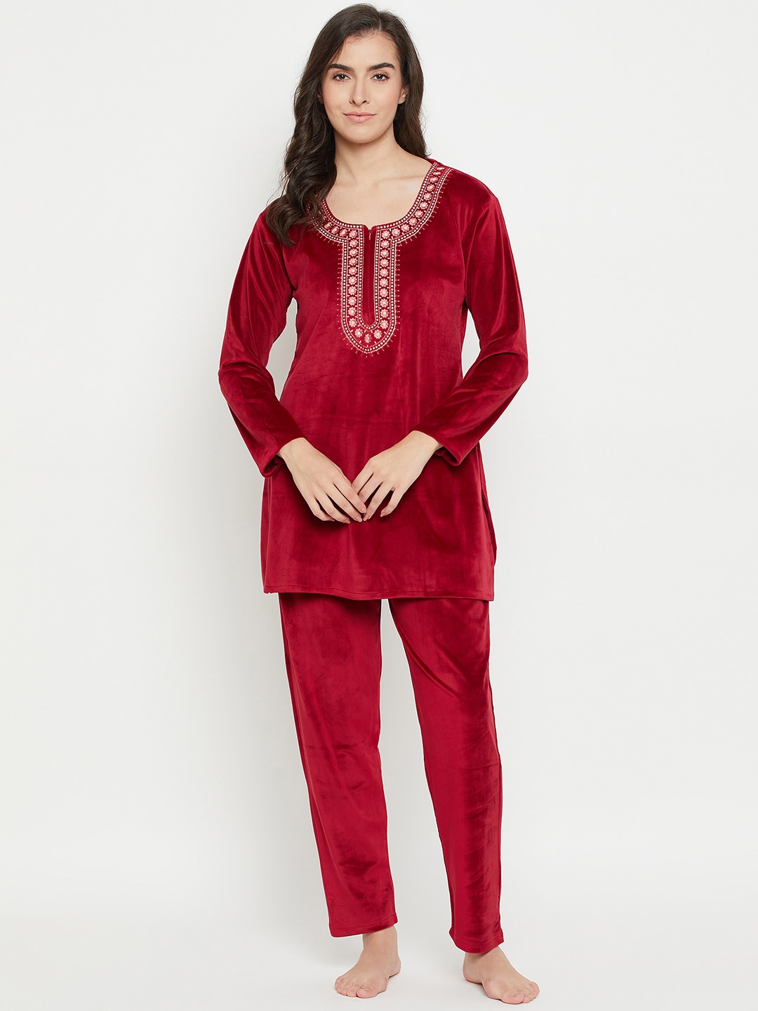 

Camey Floral Embroidered Round Neck Long Sleeves Velvet Kurti & Pyjamas, Red