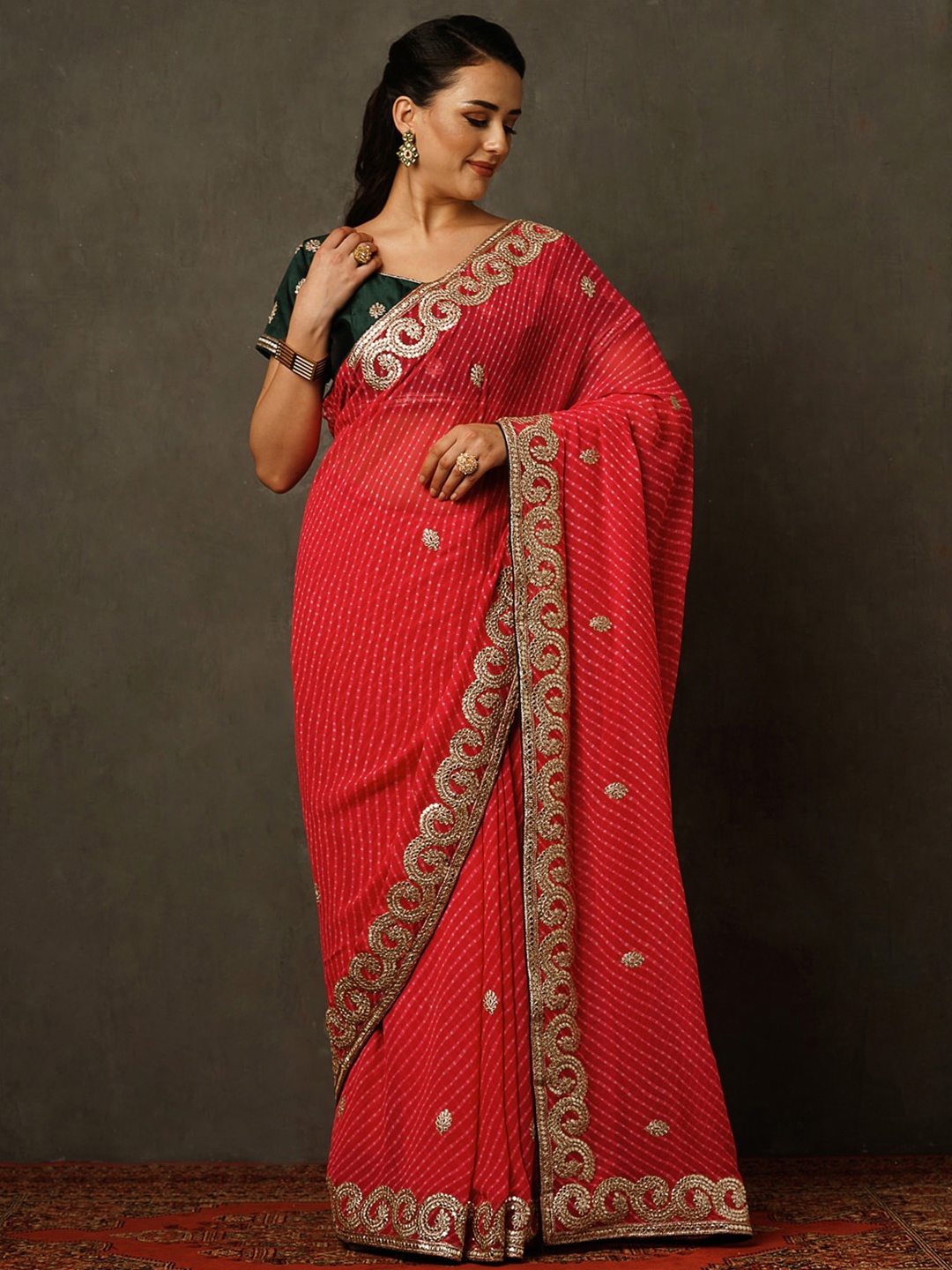 

Mitera Pink Abstract Printed Embroidered Poly Georgette Saree