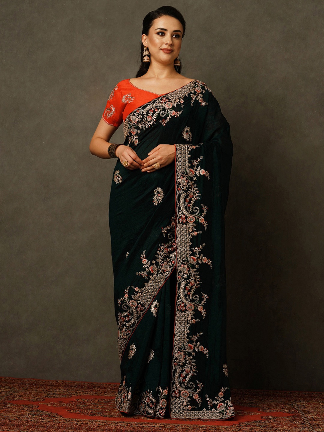 

Mitera Navy Blue & Red Ethnic Motifs Embroidered Sequinned Saree