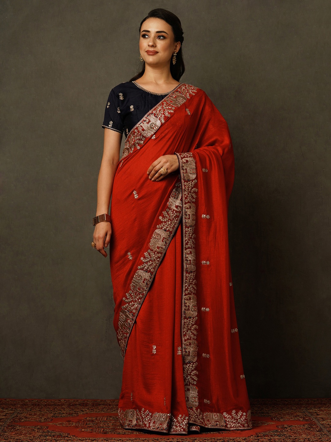 

Mitera Ethnic Motifs Embroidered Beads and Stones Saree, Red