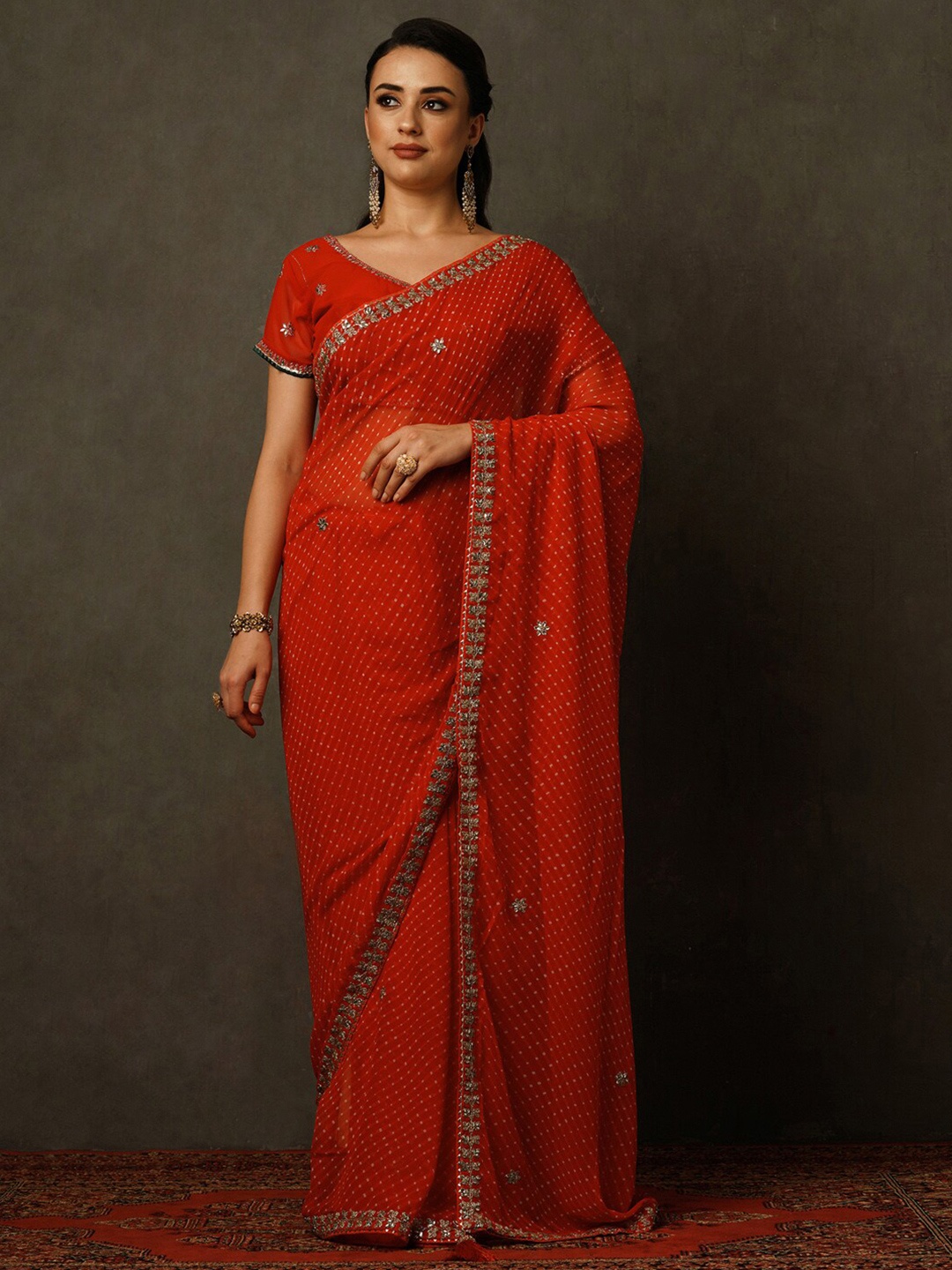 

Mitera Printed Beads and Stones Poly Georgette Bandhani Saree, Red