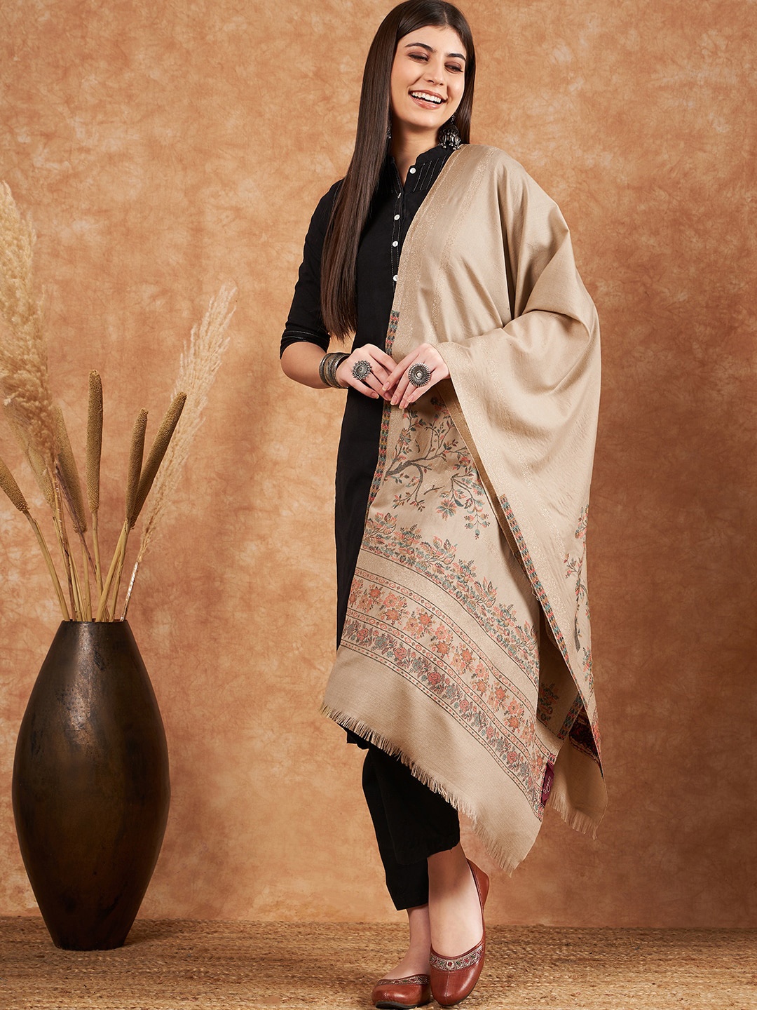 

Sangria Floral Woven-Design Woollen Stole, Beige