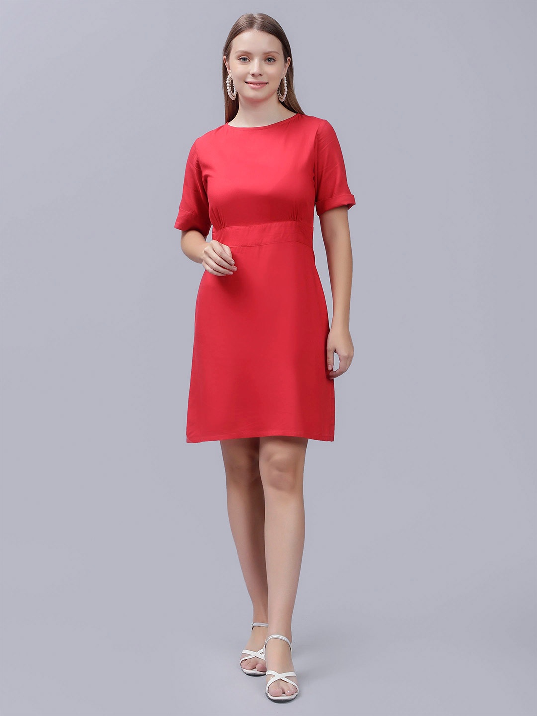 

ENTELLUS Round Neck A-Line Cotton Dress, Red