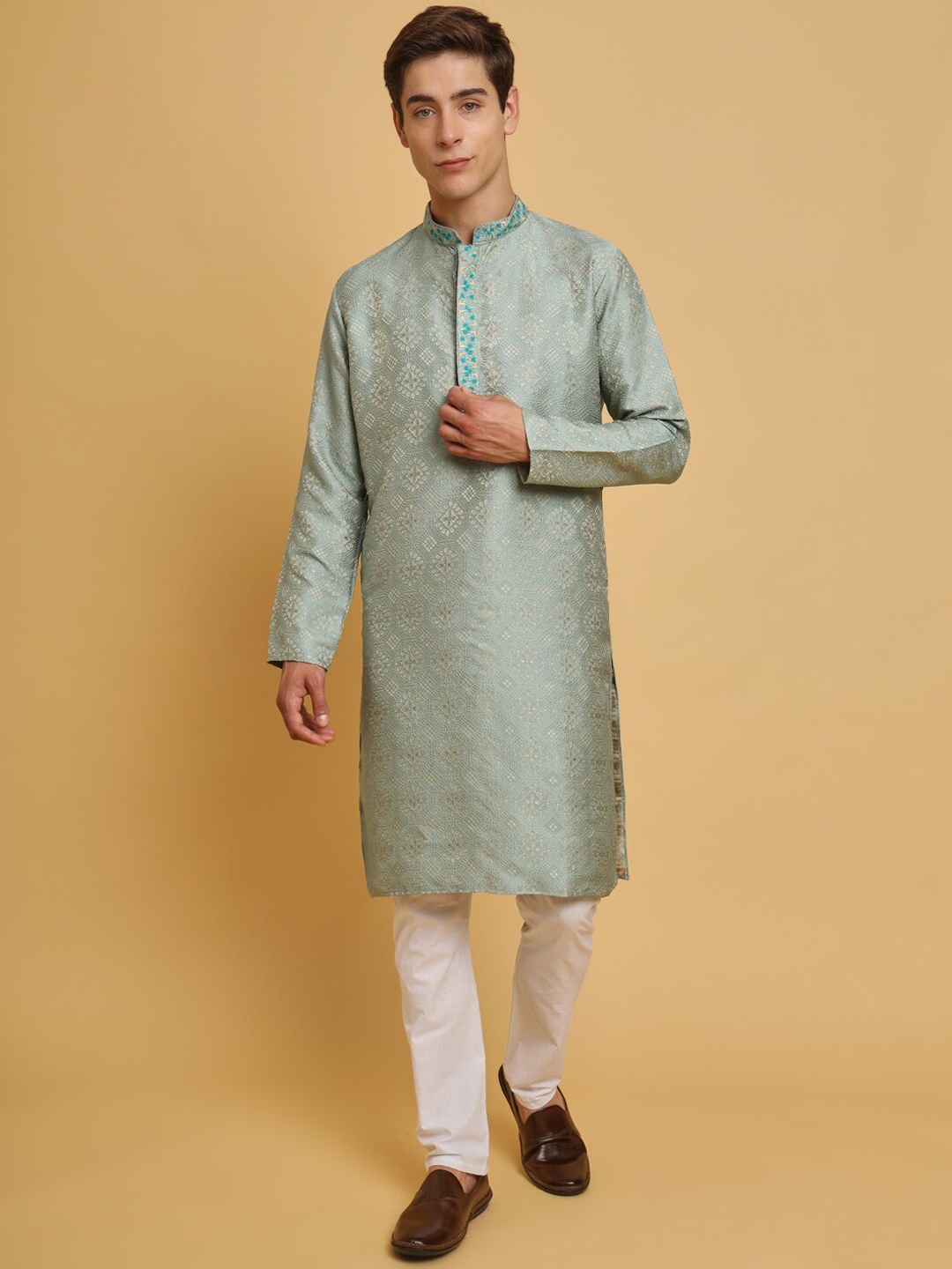 

House of Pataudi Ethnic Motifs Embroidered Straight Kurta, Teal