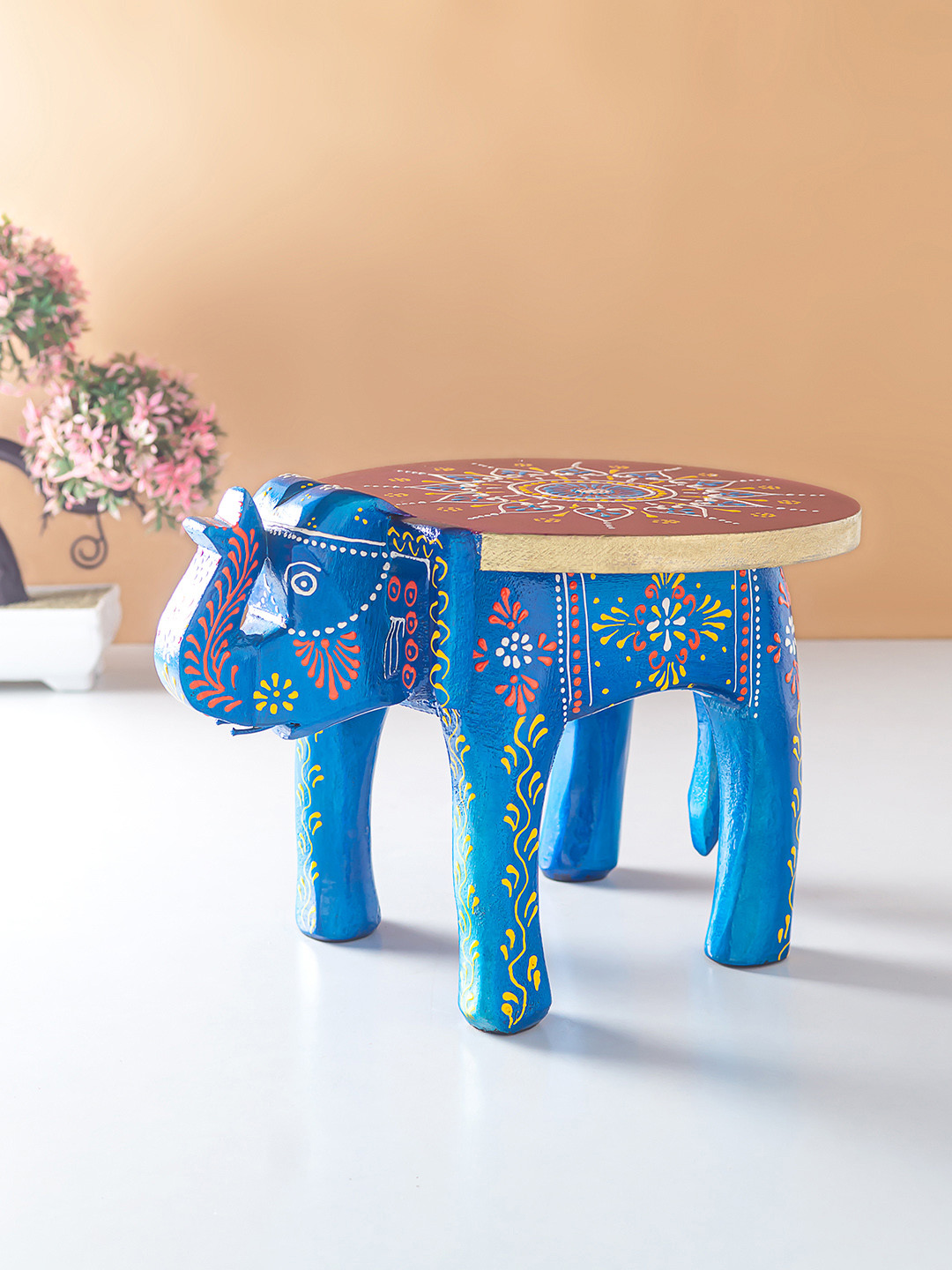 

Golden Peacock Blue & Red Carved Elephant Stool Wood Figurine Showpiece