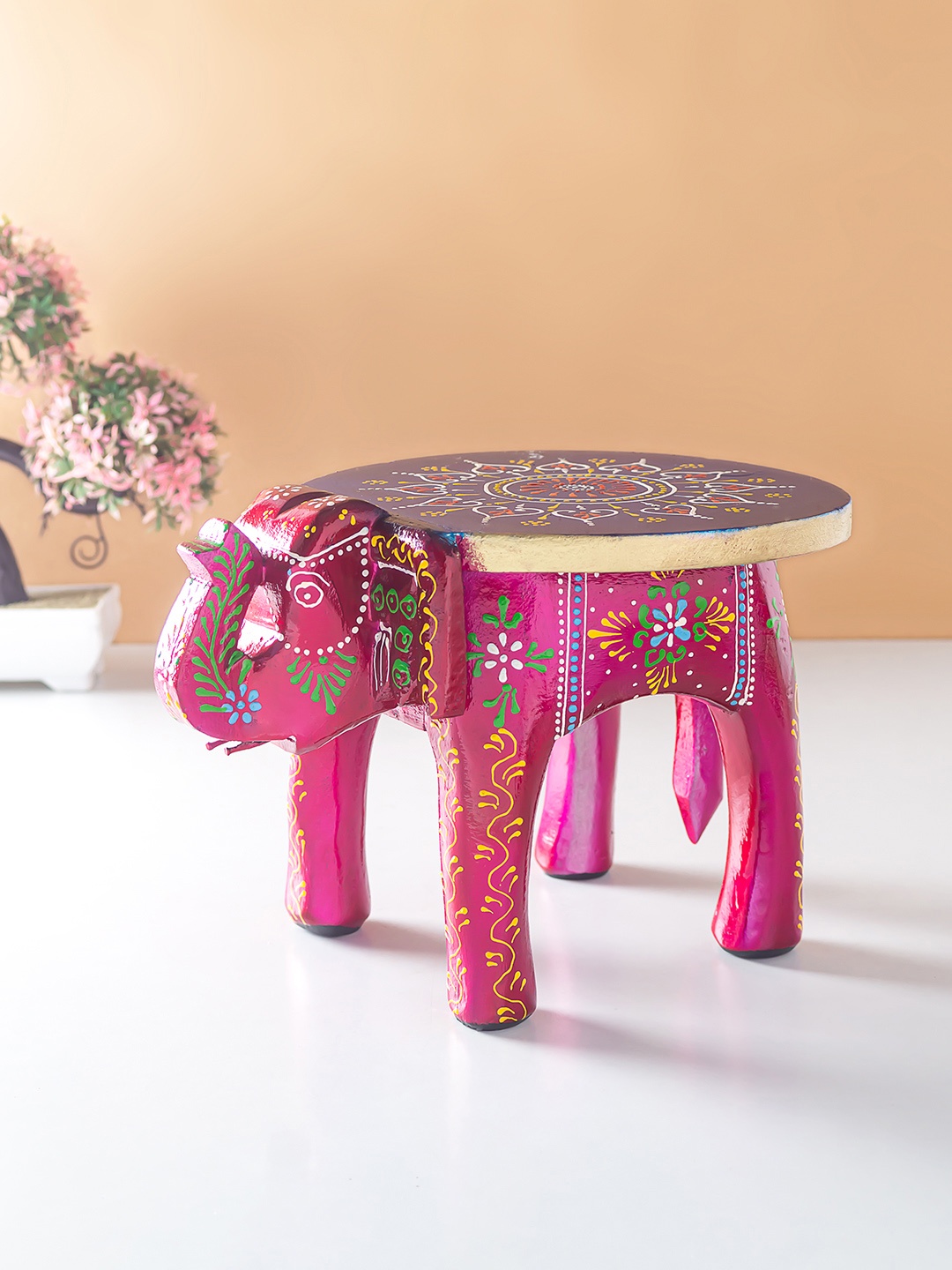 

Golden Peacock Pink & Violet Elephant Stool Showpiece