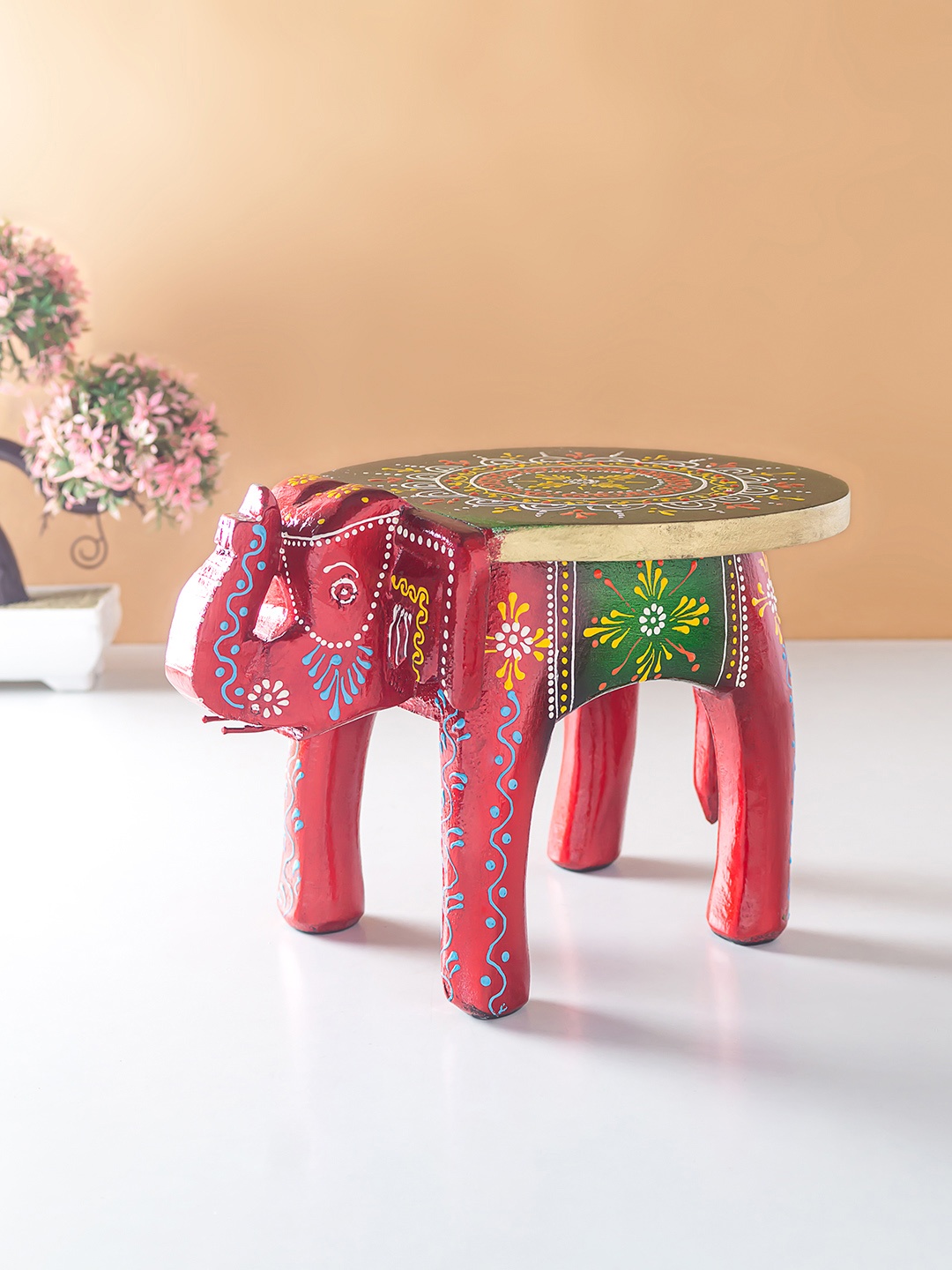 

Golden Peacock Red & Green Printed Elephant Stool Wood Figurine Showpiece