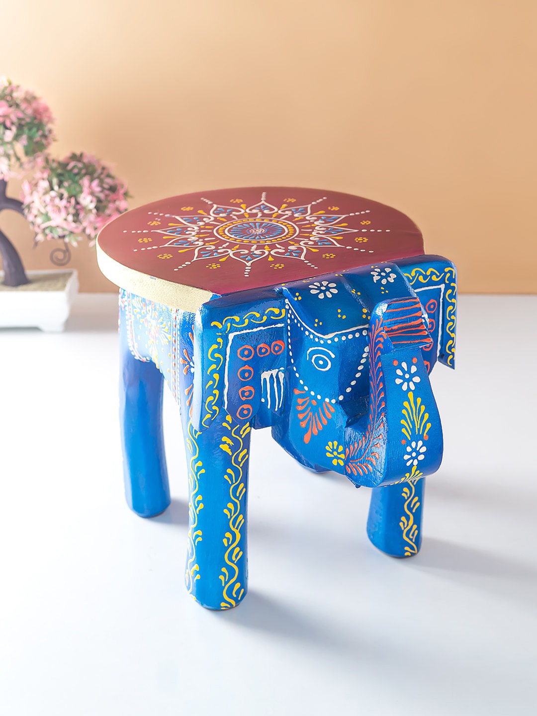 

Golden Peacock Blue & Red Carving Elephant Stool Wood Figurine Showpiece