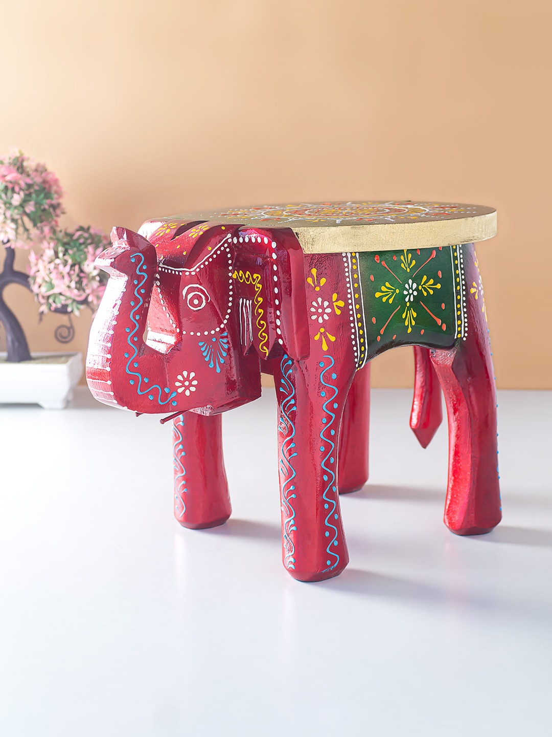 

Golden Peacock Red Elephant Stool Wood Showpiece