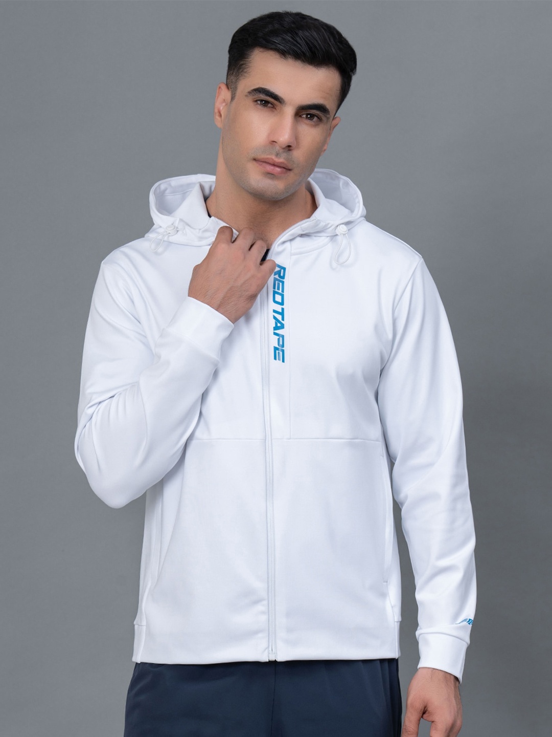 Red Tape Men Typographic Hooded Front-Open Athleisure Hooded Sweatshirt, White