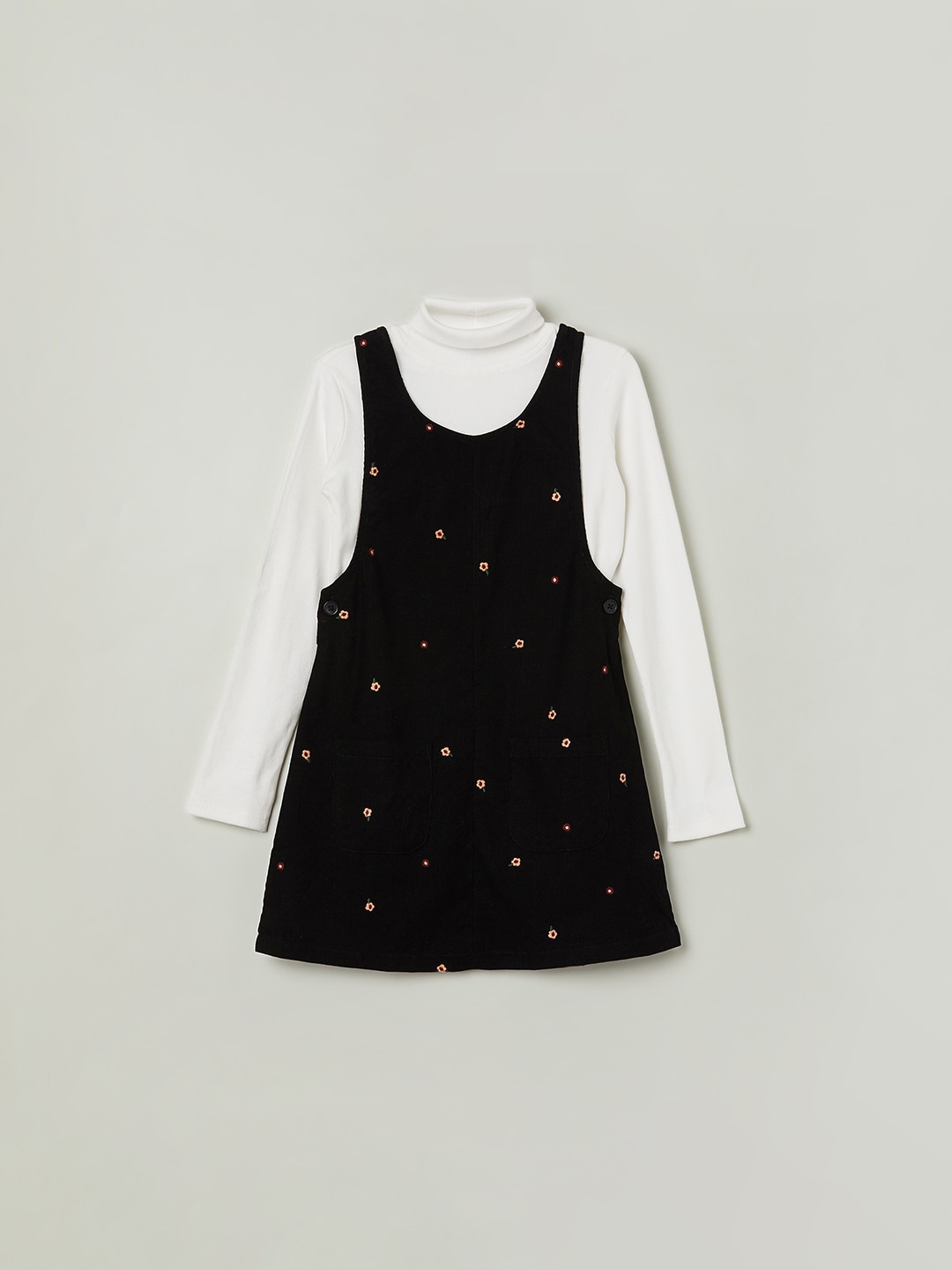 

Fame Forever by Lifestyle Girls Floral Embroidered Pinafore Pure Cotton Dress, Charcoal