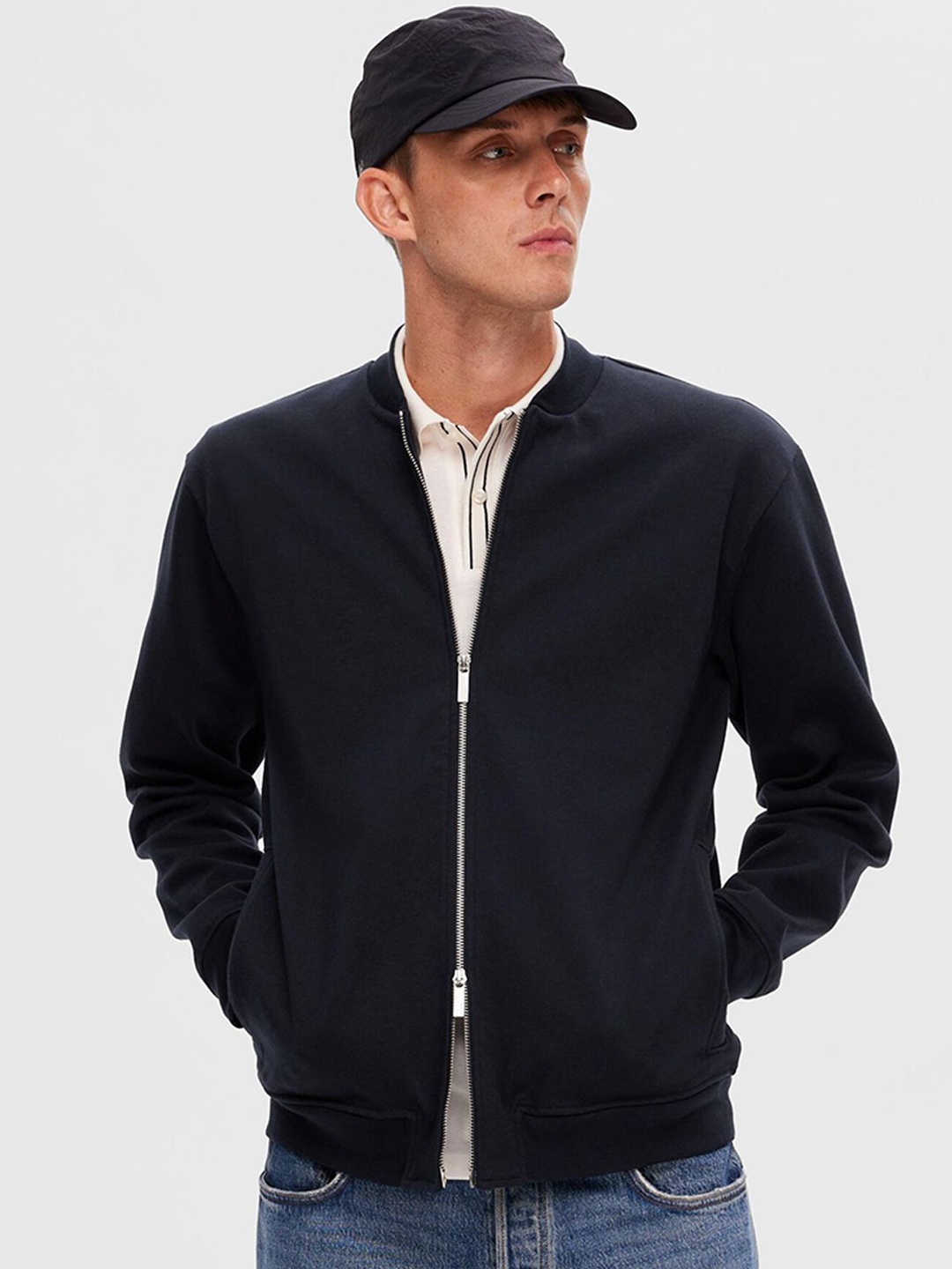 

SELECTED Mock Collar Organic Cotton Bomber Jacket, Navy blue