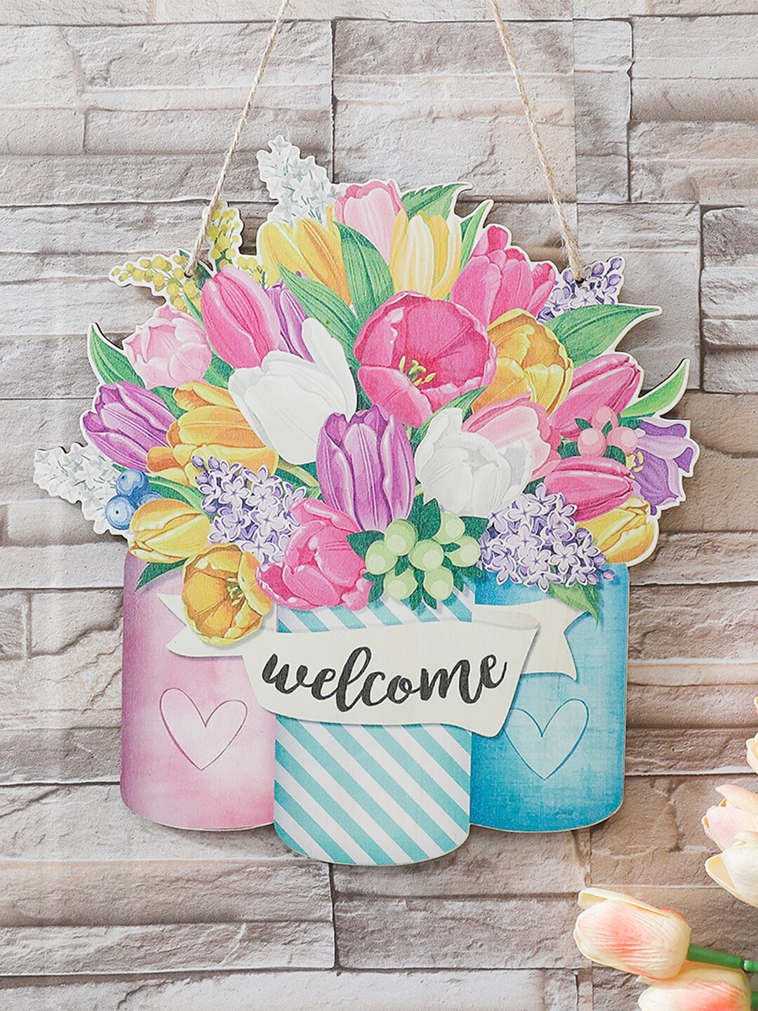 

Kuber Industries Blue & Pink Floral Welcome Wooden Door Decor Panel