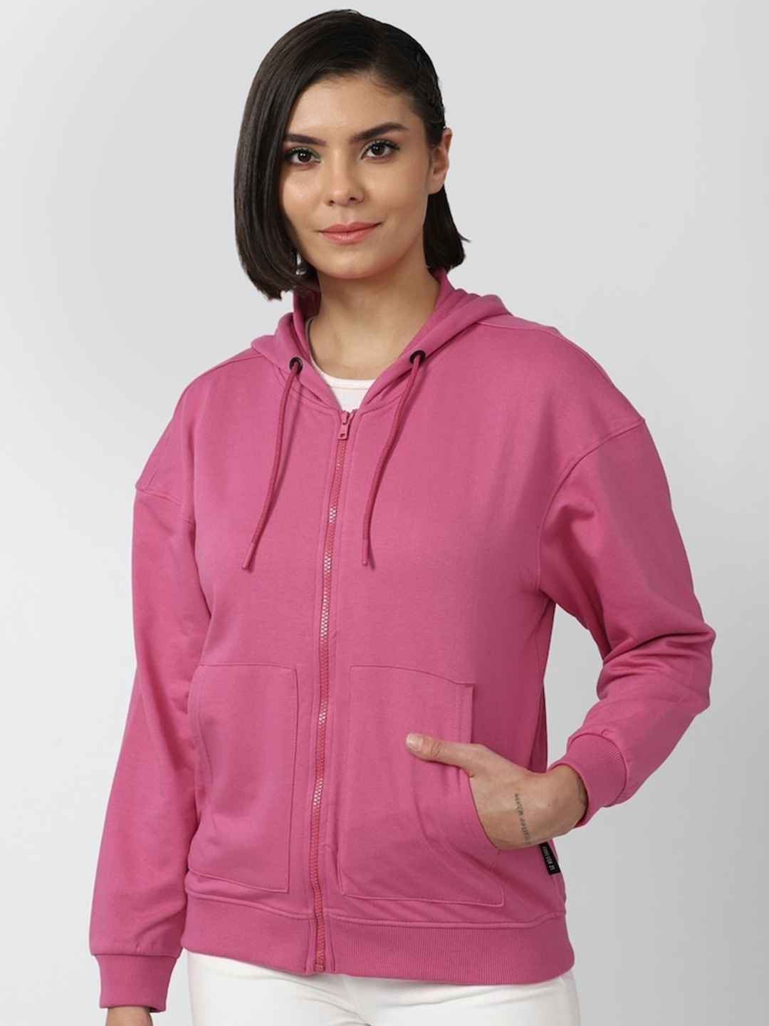 

FOREVER 21 Cotton Hooded Front-Open Sweatshirt, Pink