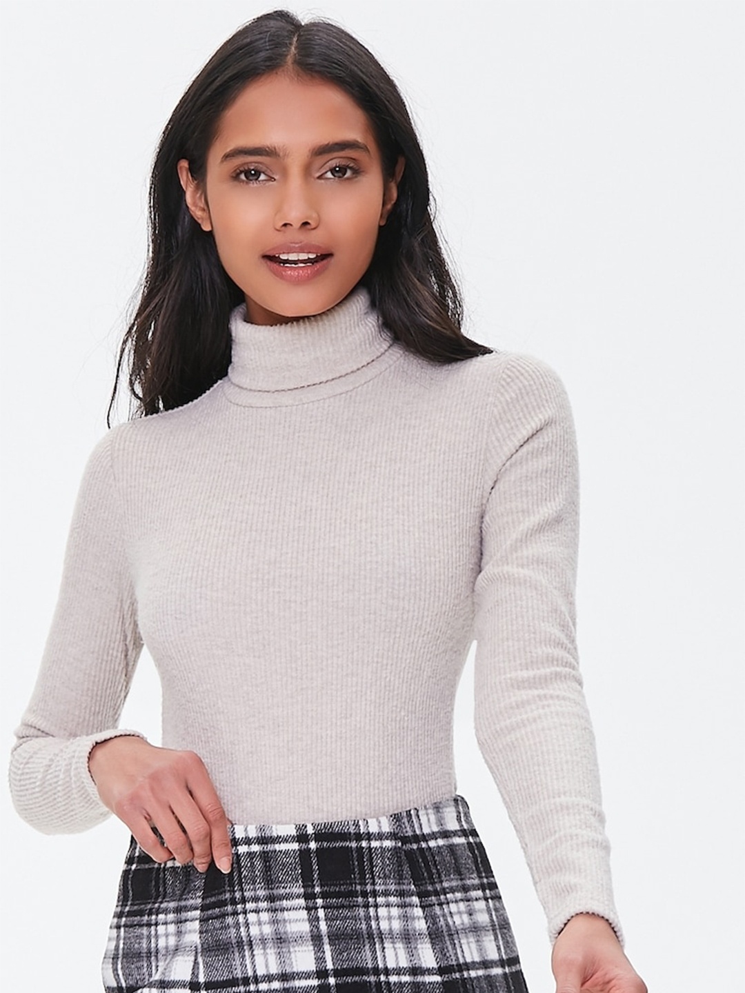 

FOREVER 21 Self Design Turtle Neck Pullover Sweatshirt, Grey