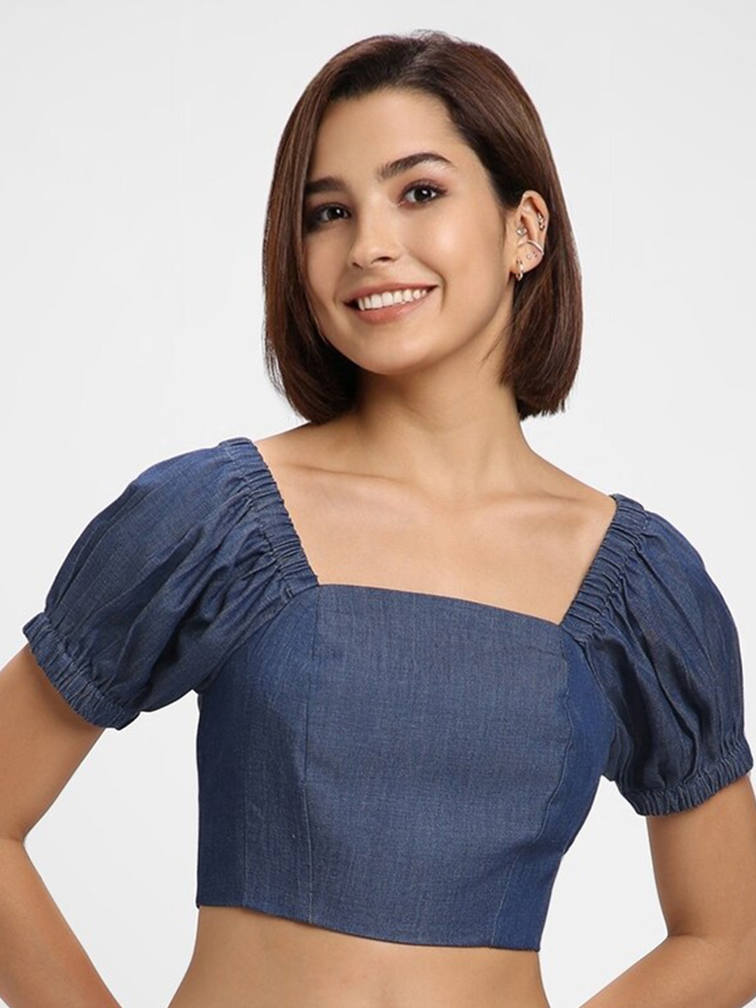 

FOREVER 21 Square Neck Puffed Sleeves Denim Crop Top, Navy blue