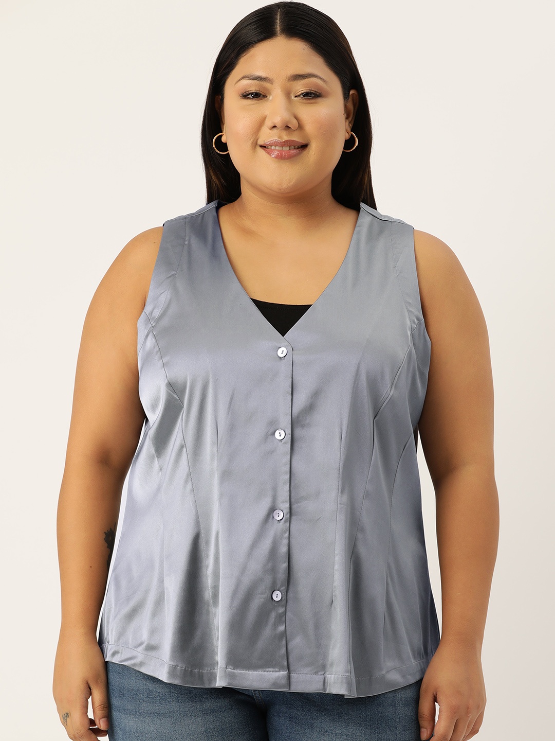 

theRebelinme Plus Size Satin Shirt Style Top, Silver