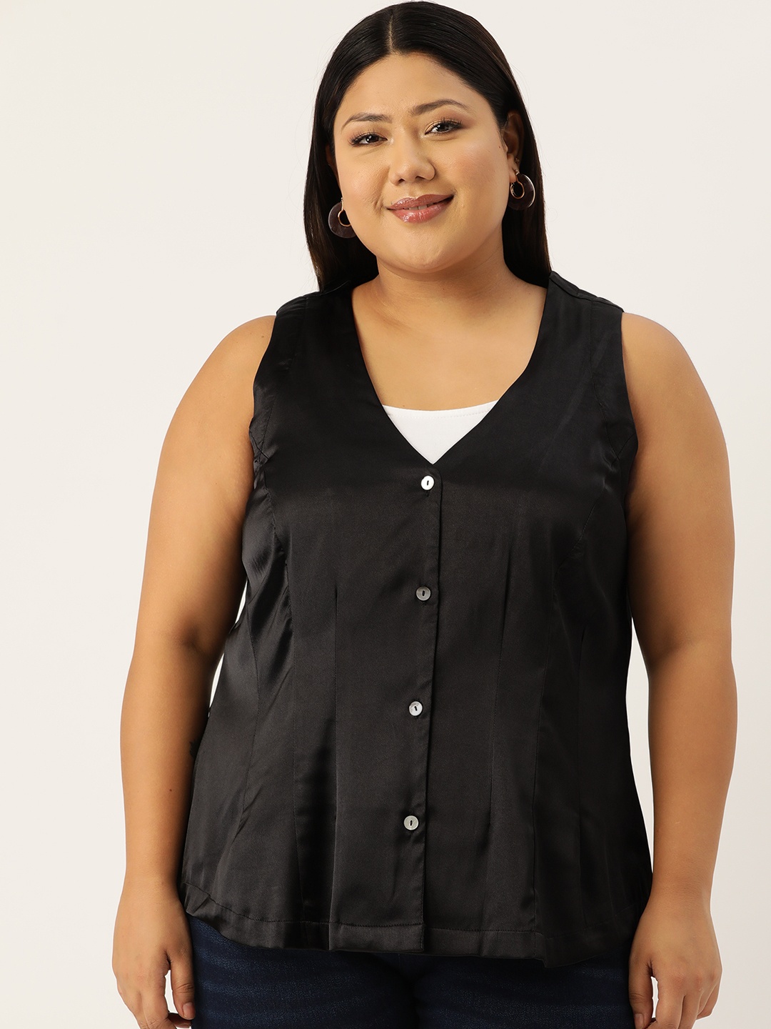 

theRebelinme Plus Size Satin Shirt Style Top, Black