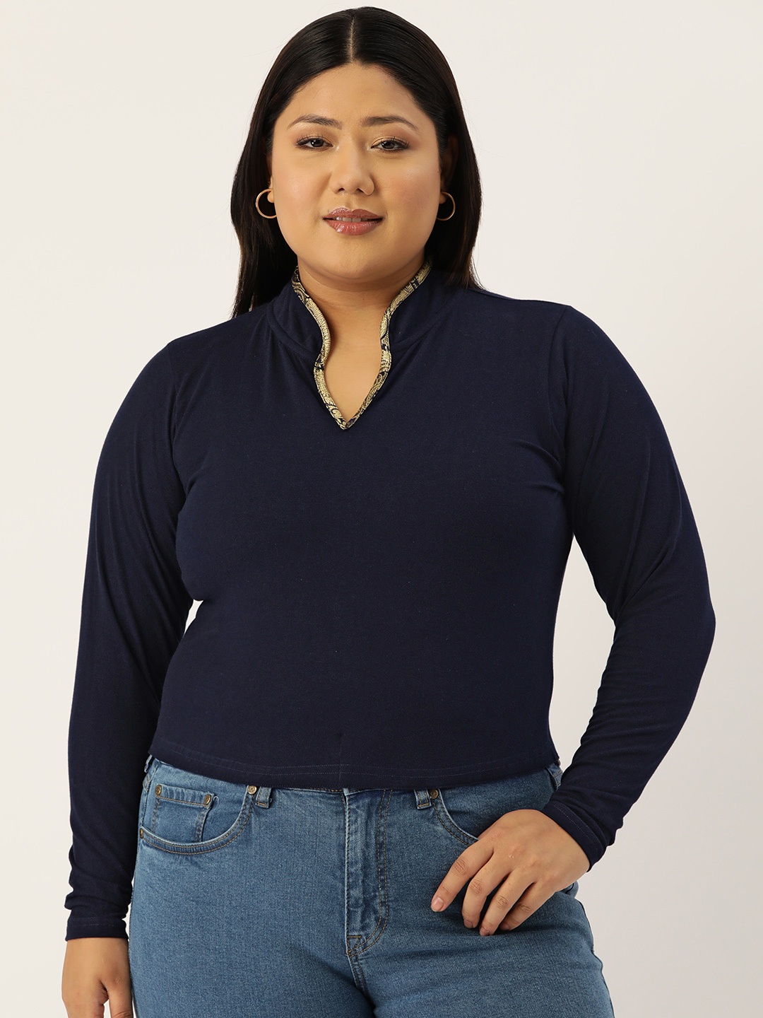 

theRebelinme Plus Size Mandarin Collar Cotton Blouson Crop Top, Navy blue