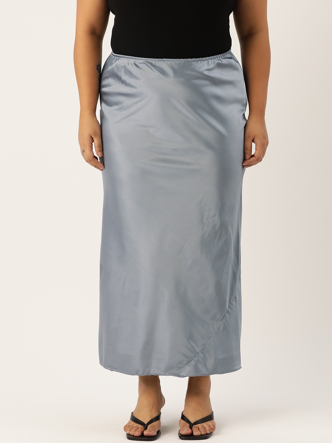 

theRebelinme Plus Size Satin Straight Skirt, Silver