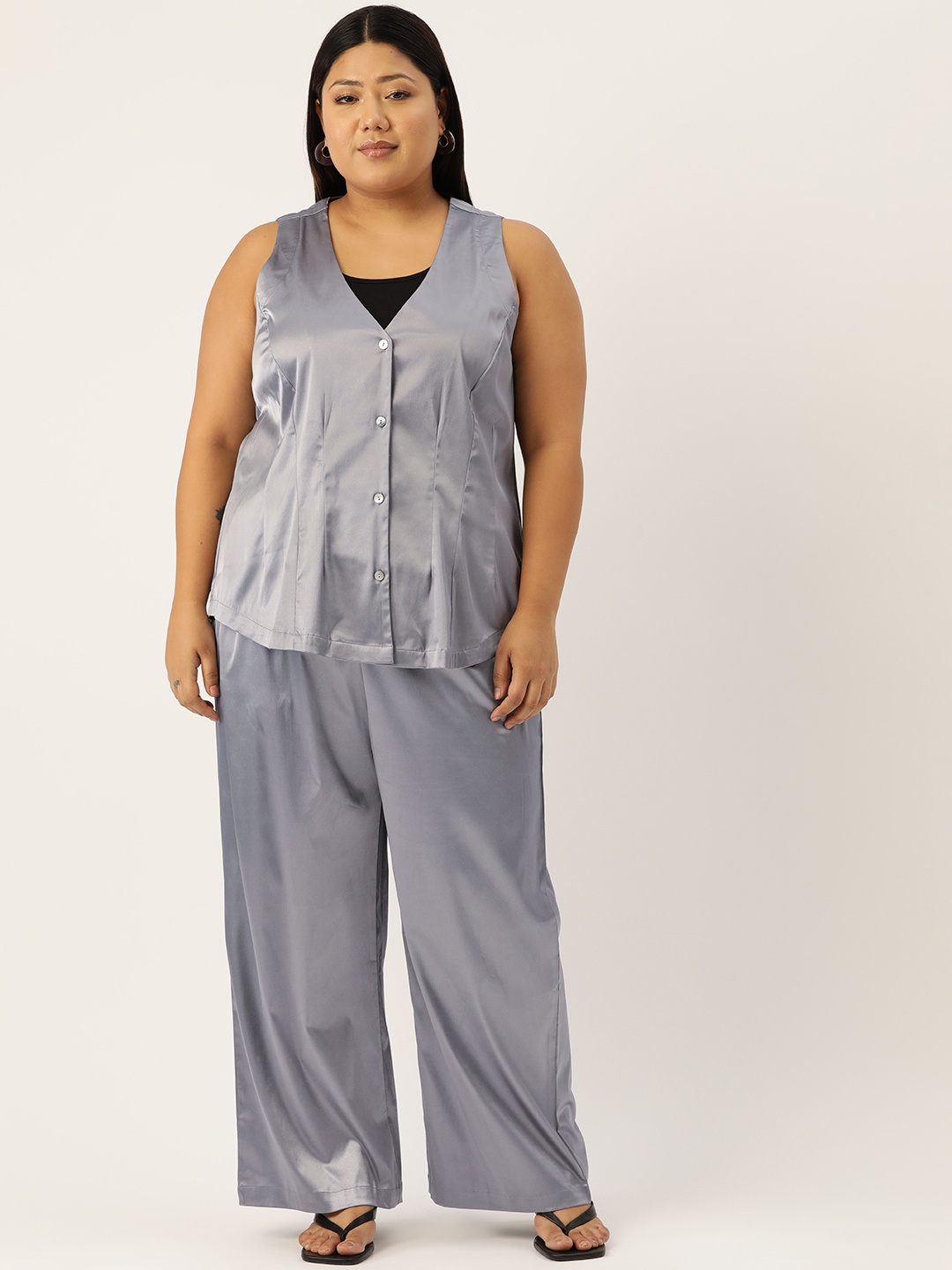 

theRebelinme Women Plus Size Solid Top with Trousers, Grey