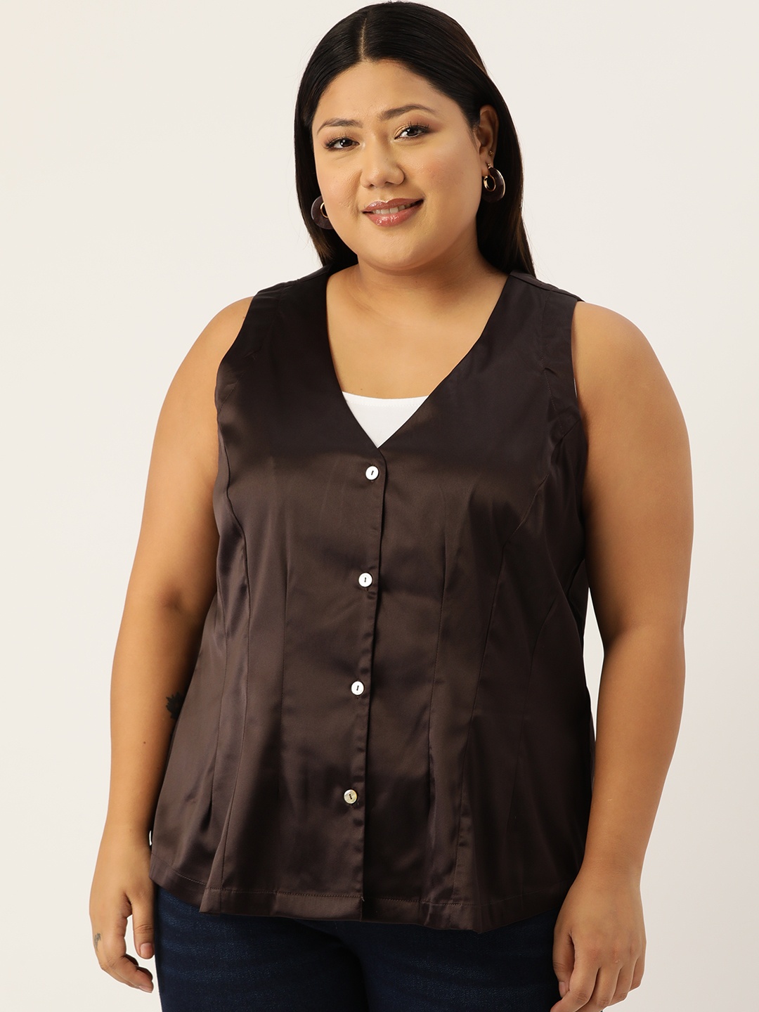 

theRebelinme Plus Size Solid Shirt Style Top, Brown