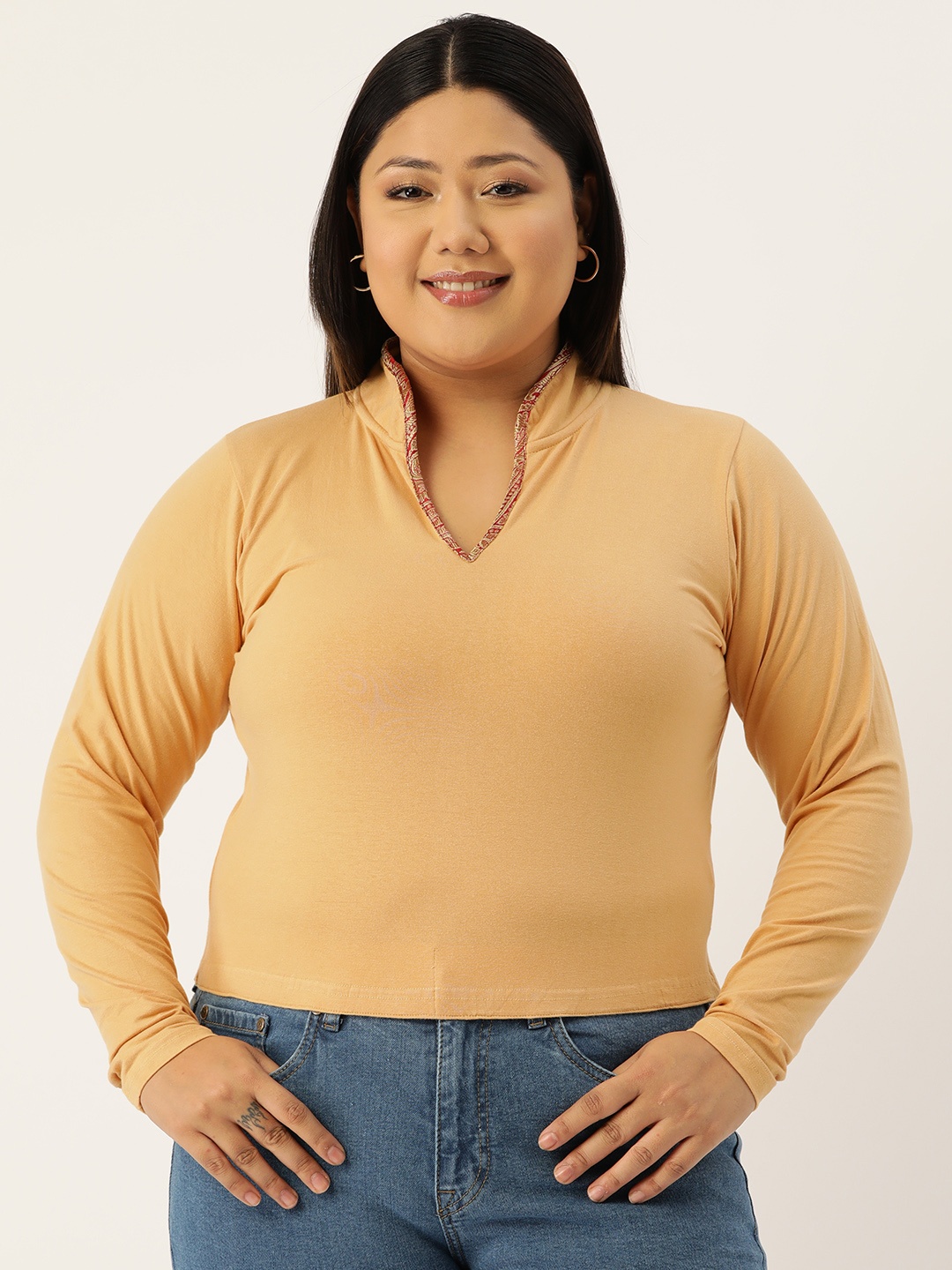 

theRebelinme Plus Size Mandarin Collar Cotton Crop Top, Beige