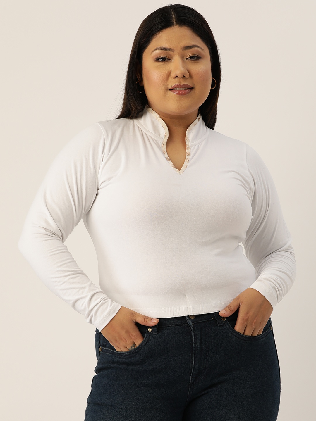 

theRebelinme Plus Size Solid Mandarin Collar Crop Top, White