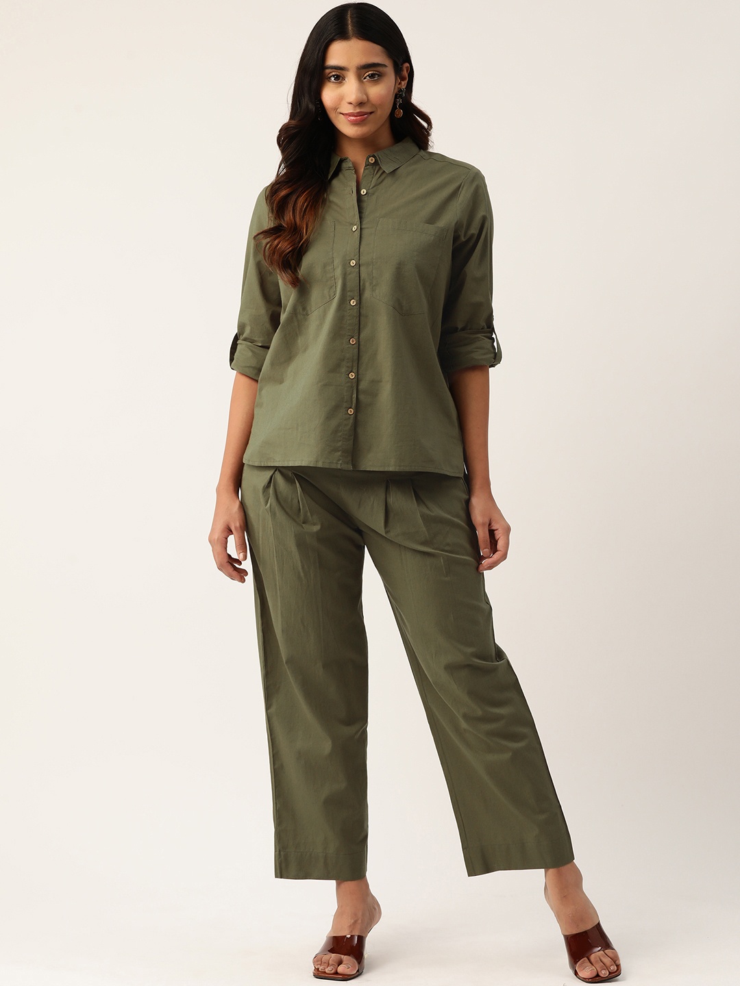 

MISRI Women Solid Shirt With Trousers, Olive