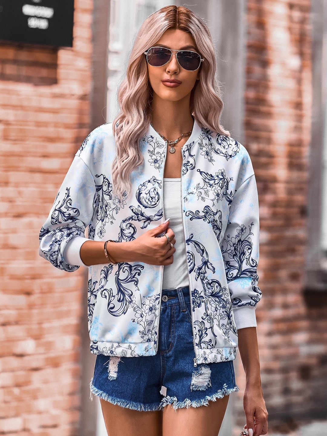 

StyleCast Blue Floral Printed Mandarin Collar Bomber Jacket
