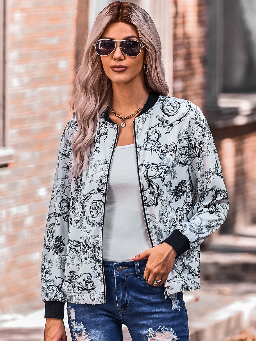 

StyleCast Black Floral Printed Mandarin Collar Bomber Jacket